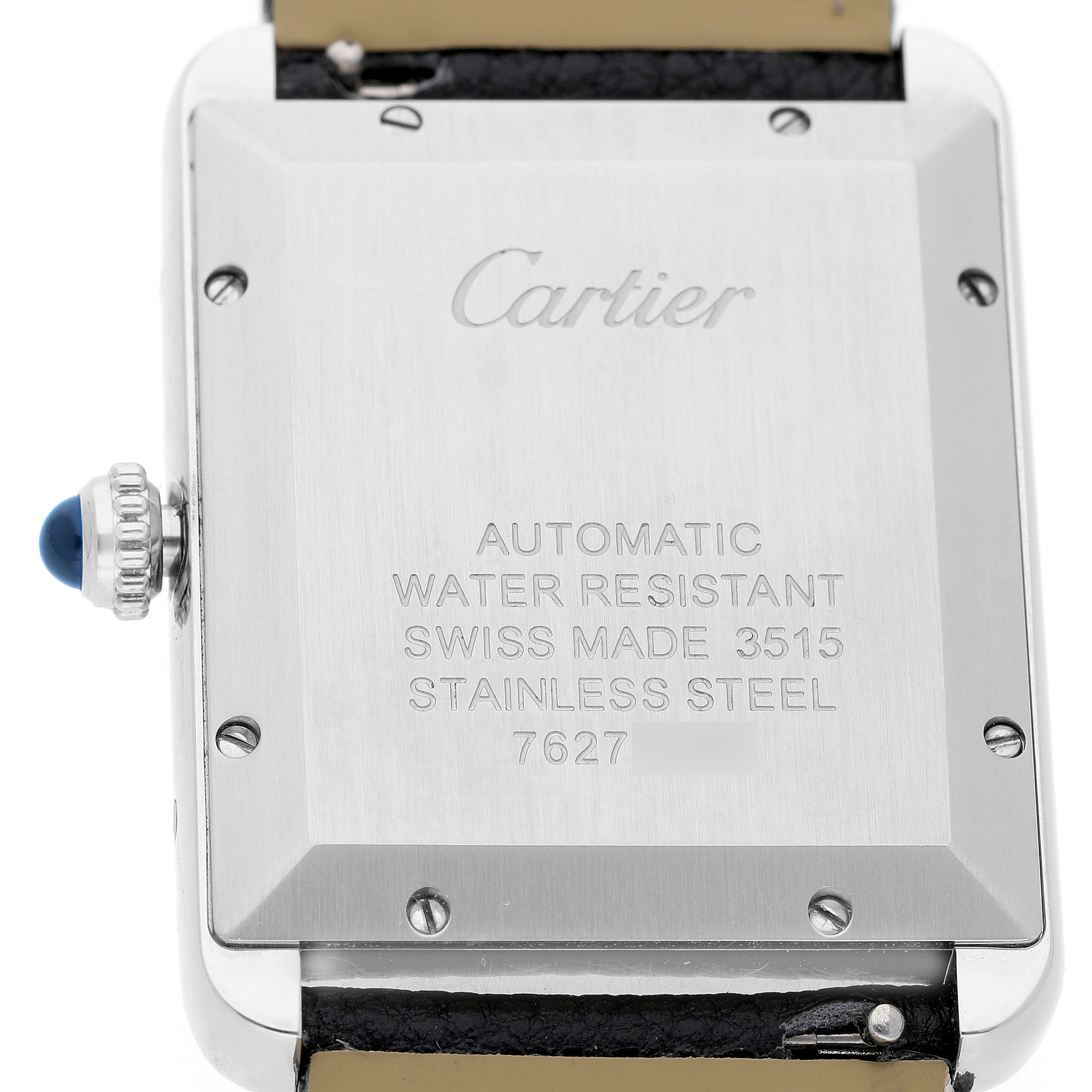 The image shows the back of the Cartier Tank Solo 84588 Men's Stainless Steel Silver Dial watch, highlighting the case, screws, and crown.