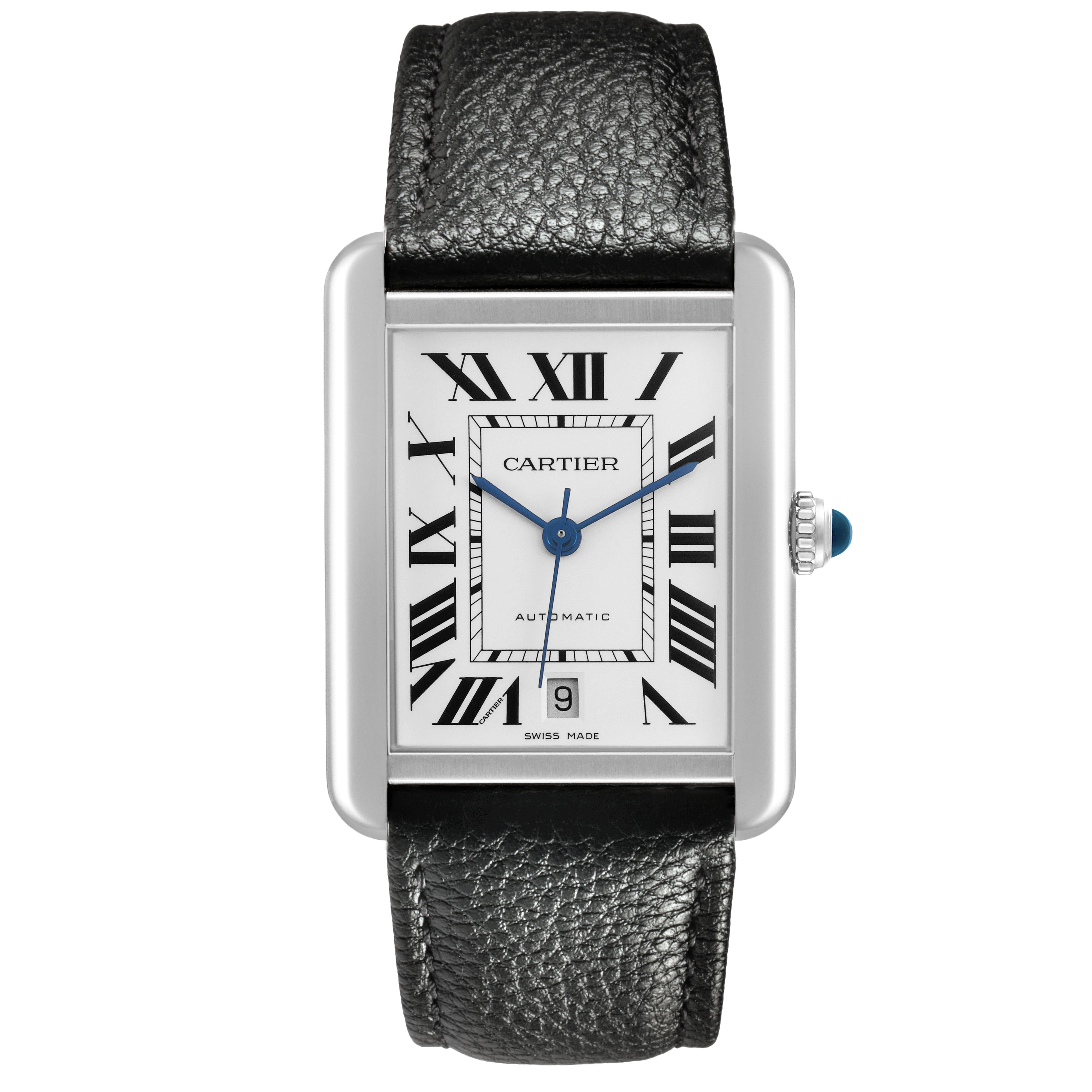 The Cartier Tank Solo 84588 Men's Stainless Steel Silver Dial watch is shown from the front, highlighting its face, Roman numerals, and leather strap.