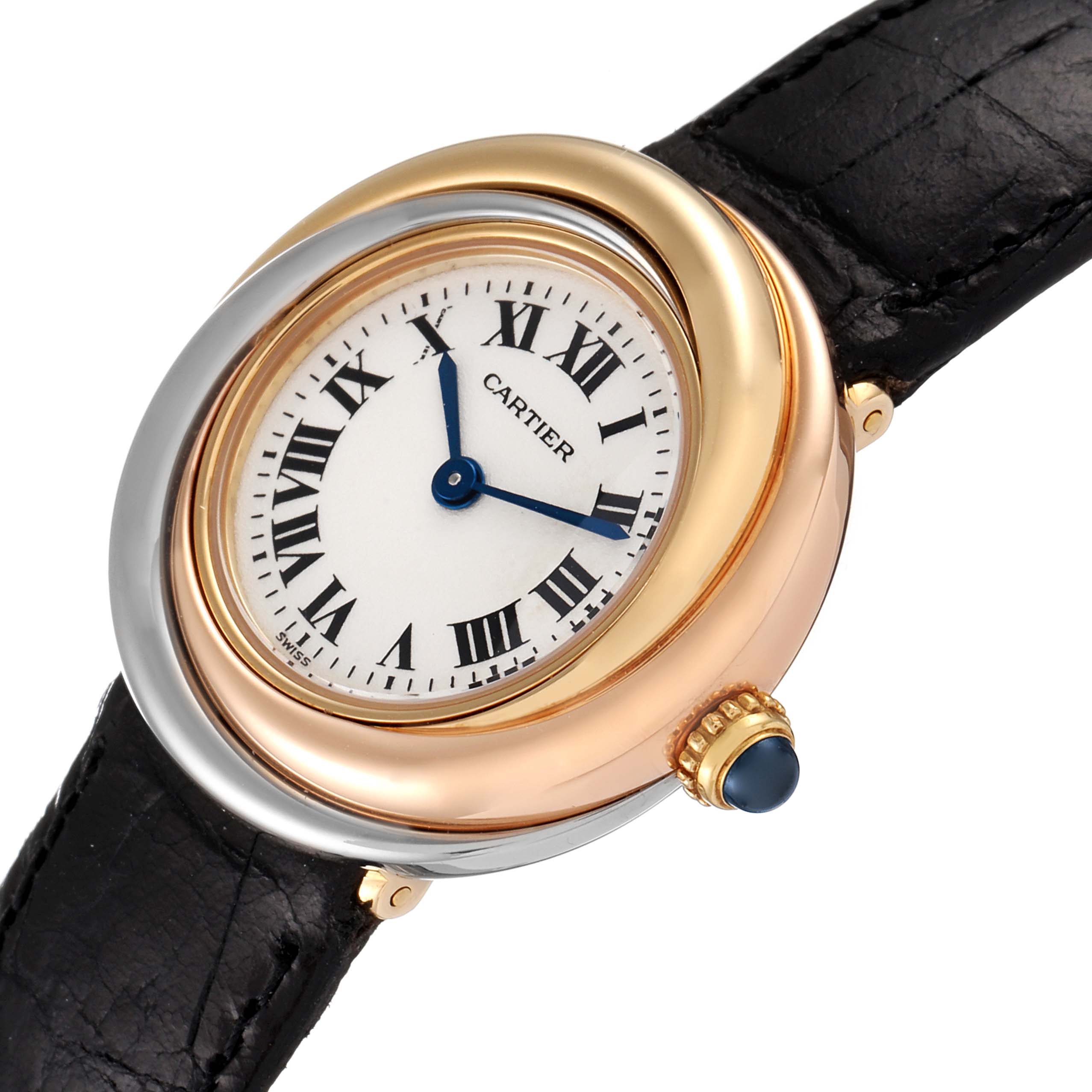 The image shows a Cartier Trinity 2357 Women's Yellow Gold Silver Dial 2357 Women's Yellow Gold Silver Dial model watch at an angle, highlighting its dial, tricolor bezel, and crown.
