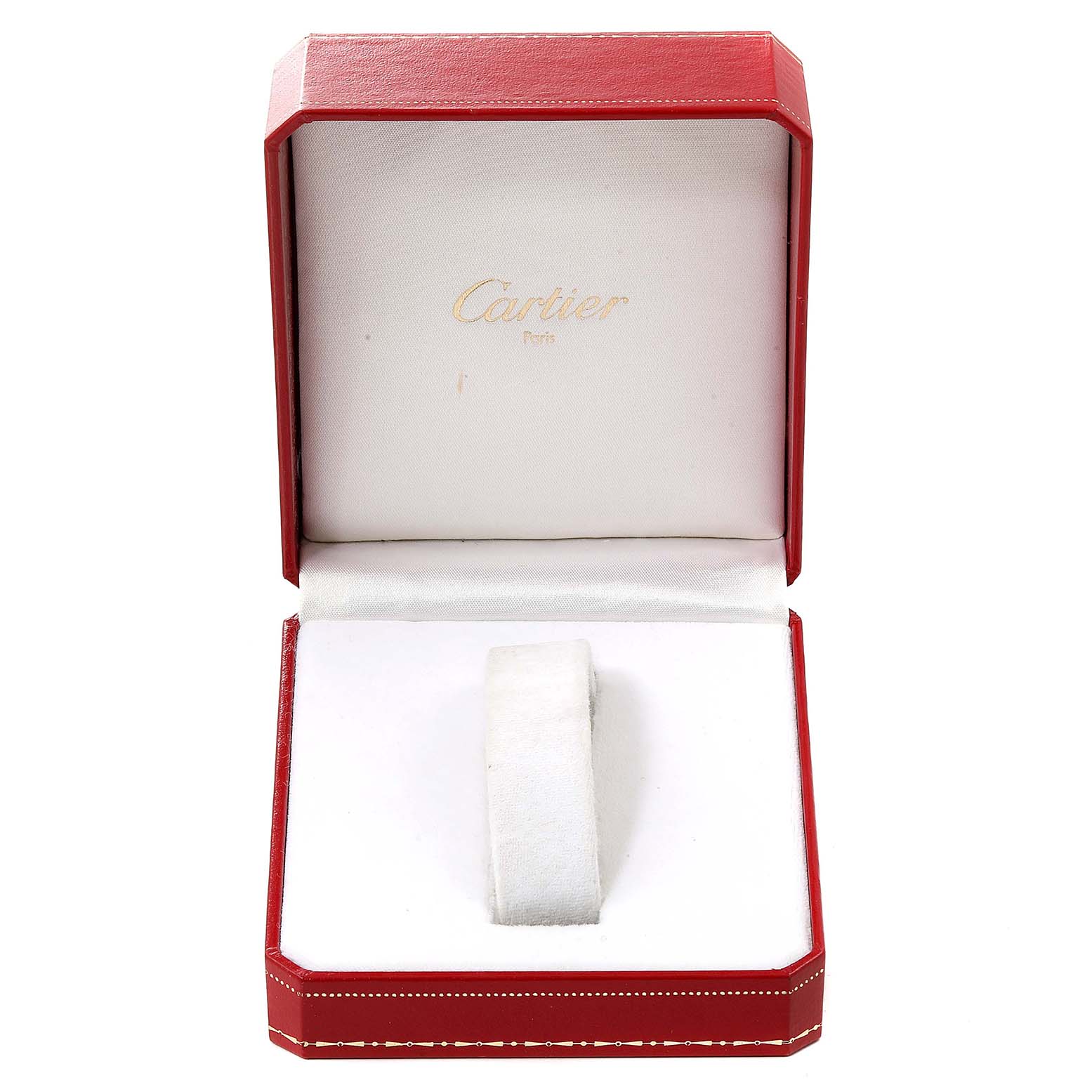 The image shows an open Cartier box with a cushion holder for the Trinity model watch by Cartier.