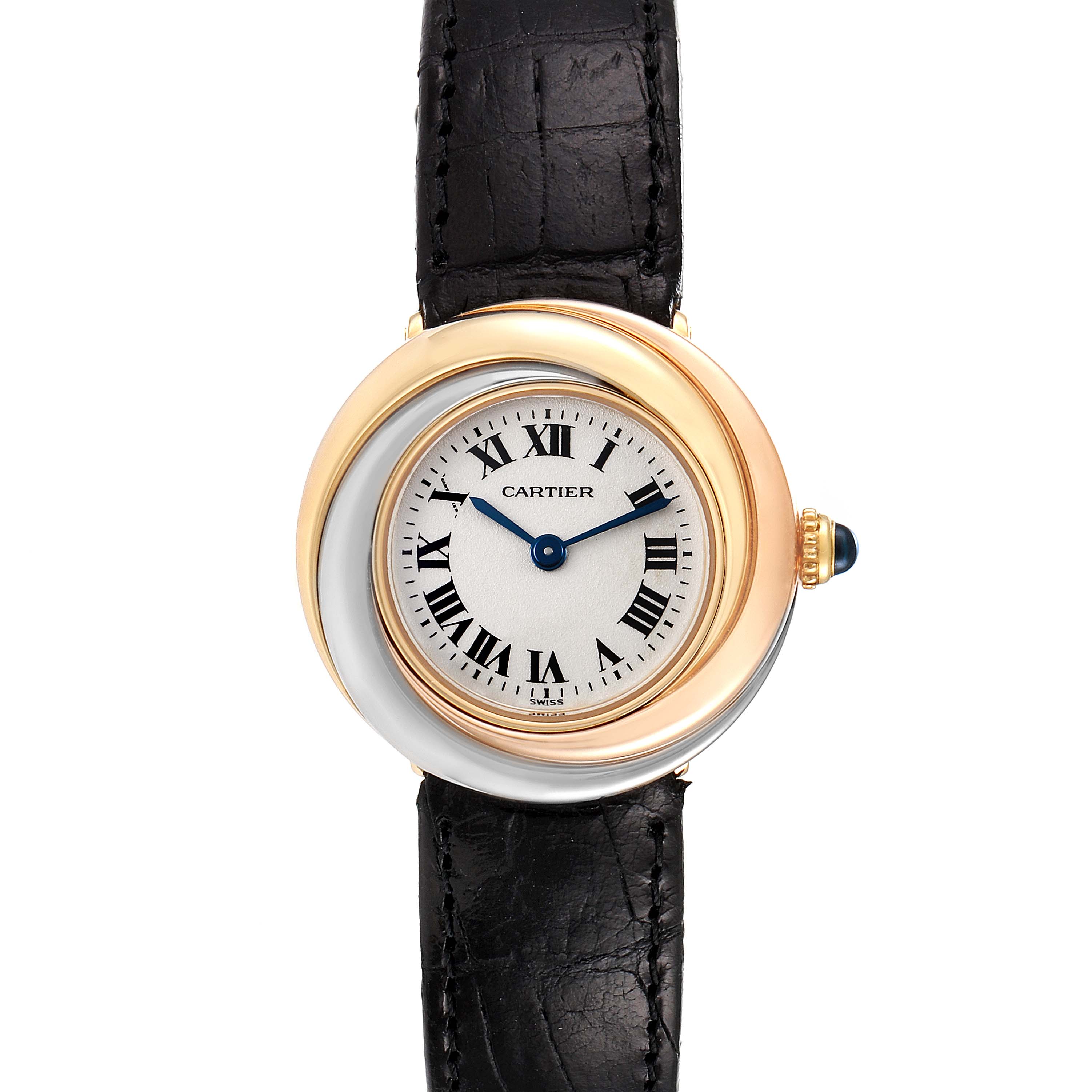 The image shows a front view of the Cartier Trinity 2357 Women's Yellow Gold Silver Dial 2357 Women's Yellow Gold Silver Dial model watch with its black leather strap and distinct circular dial.