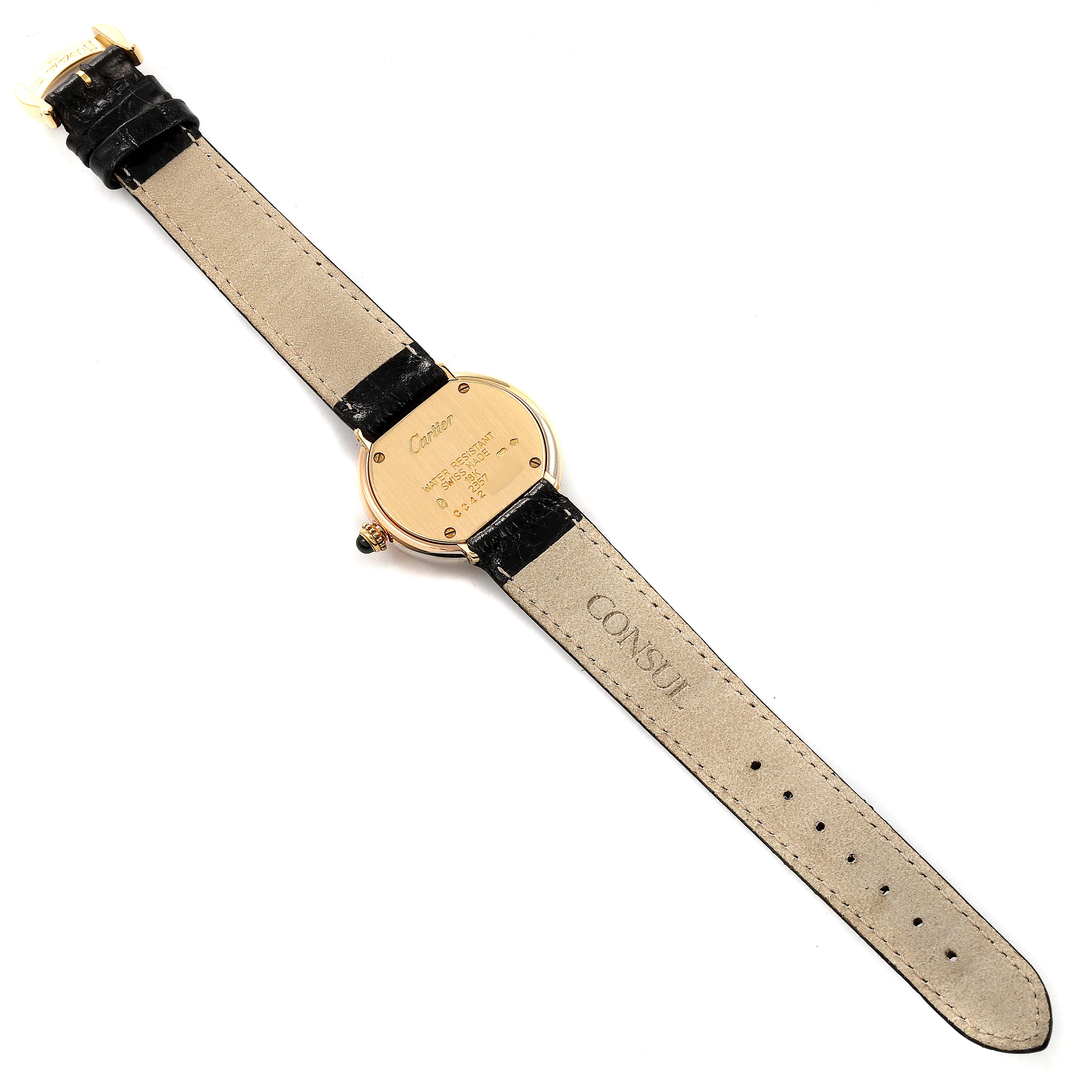 The image shows the back view of a Cartier Trinity 2357 Women's Yellow Gold Silver Dial 2357 Women's Yellow Gold Silver Dial model watch, displaying the caseback and leather straps.