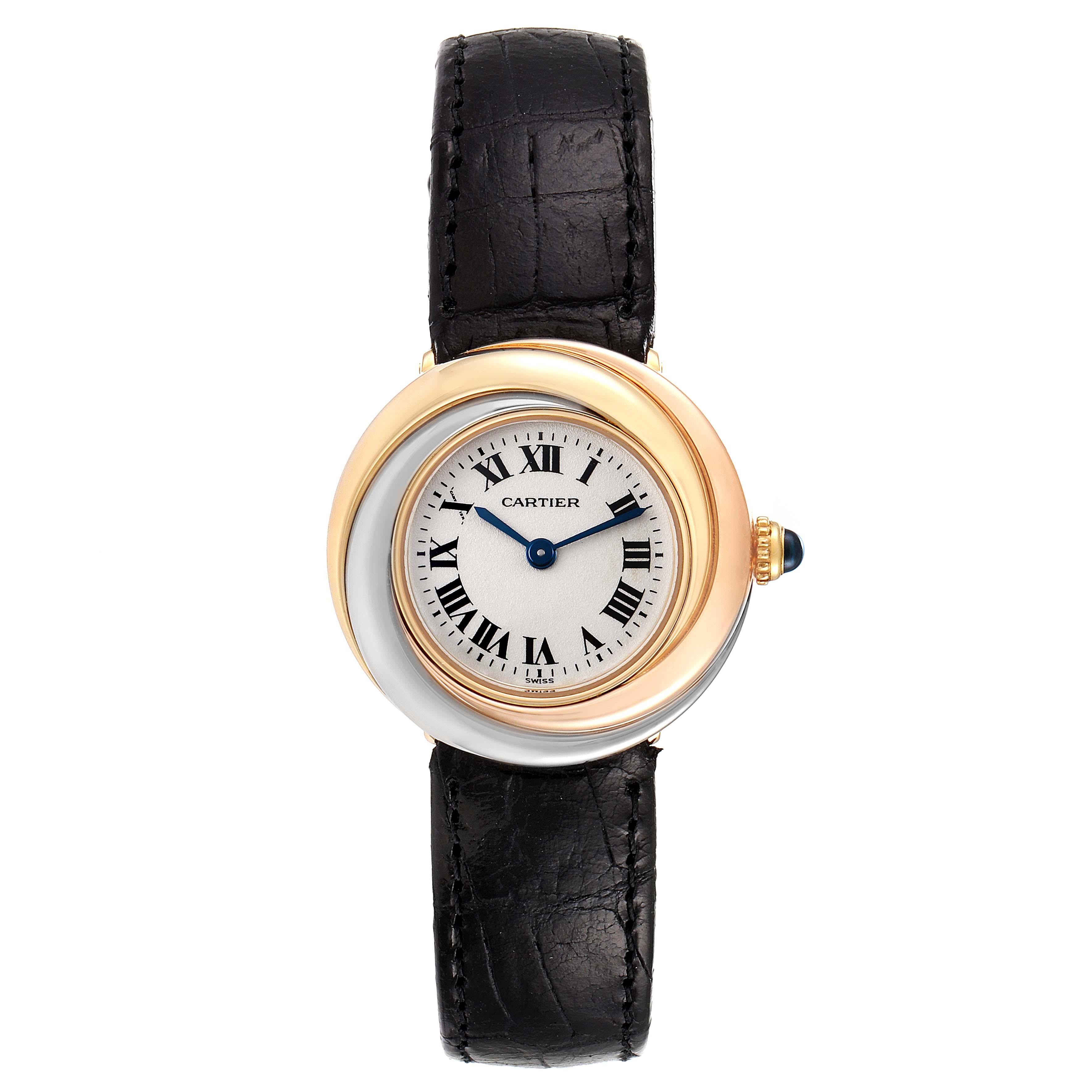 The image shows a Cartier Trinity 2357 Women's Yellow Gold Silver Dial 2357 Women's Yellow Gold Silver Dial model watch from a top-down angle, featuring its dial, bezel, and black leather strap.