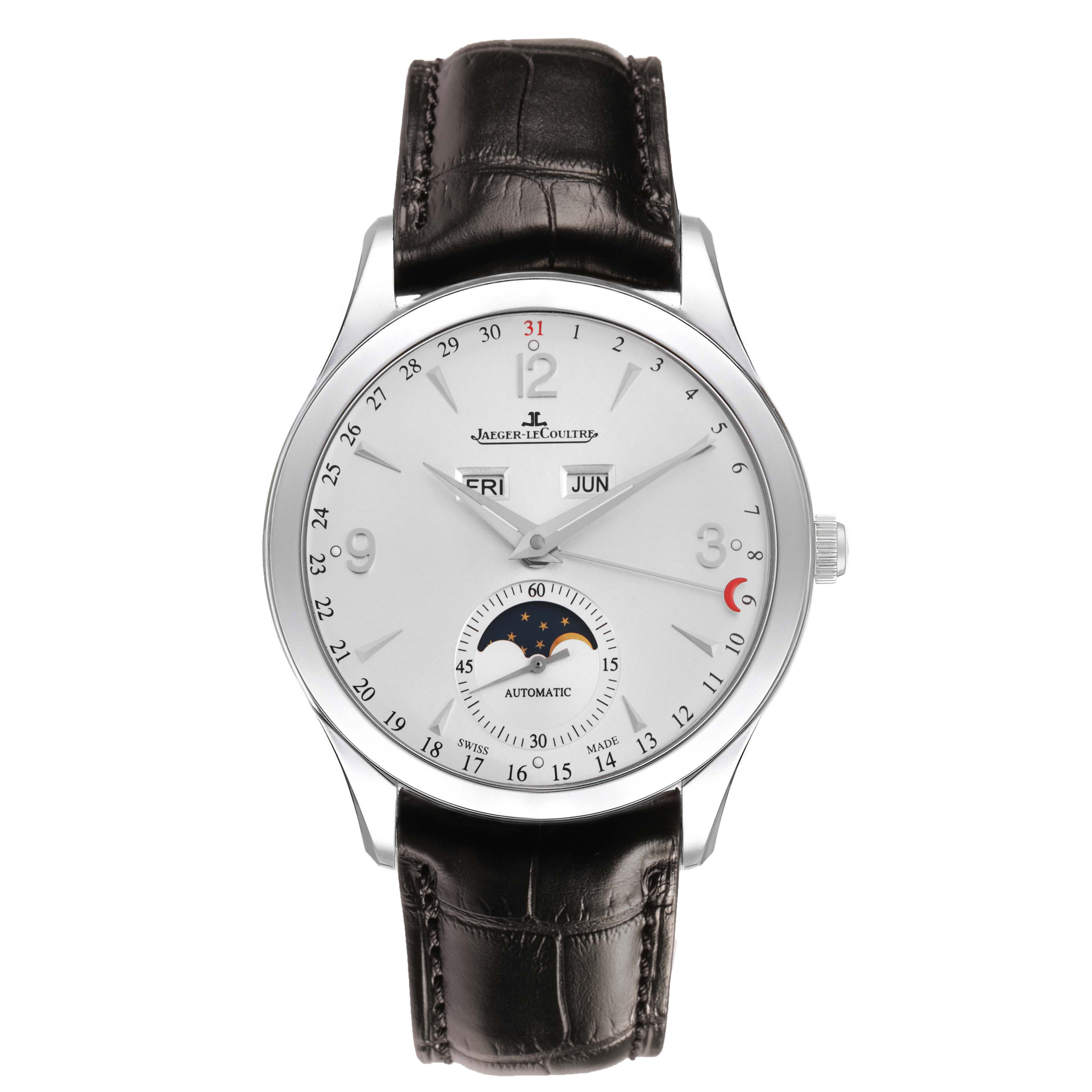 The Jaeger-LeCoultre Master model is shown from the front, displaying the dial, moon phase, calendar, and leather strap.