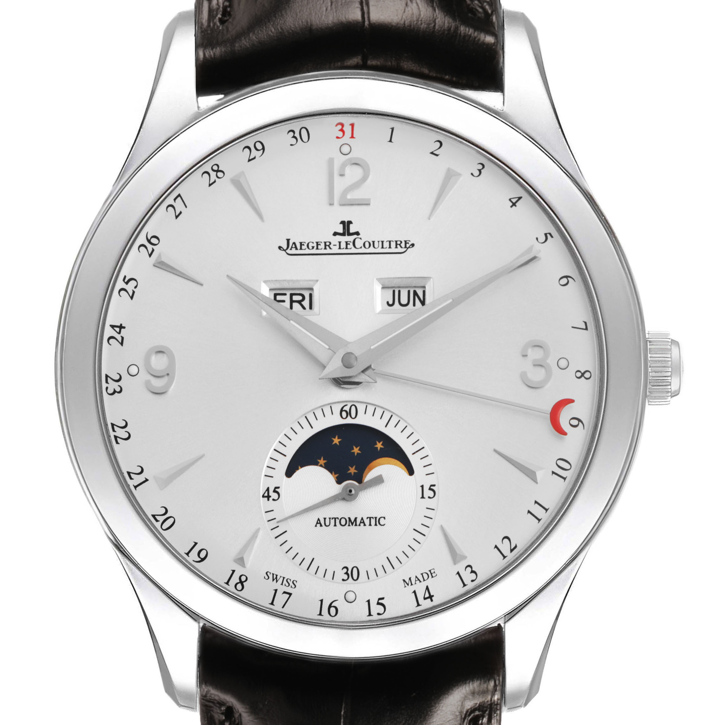 The Jaeger LeCoultre Master Q1558420 Men's Stainless Steel Silver Dial watch is shown face-on, displaying the dial with day, month, and moon phase features.