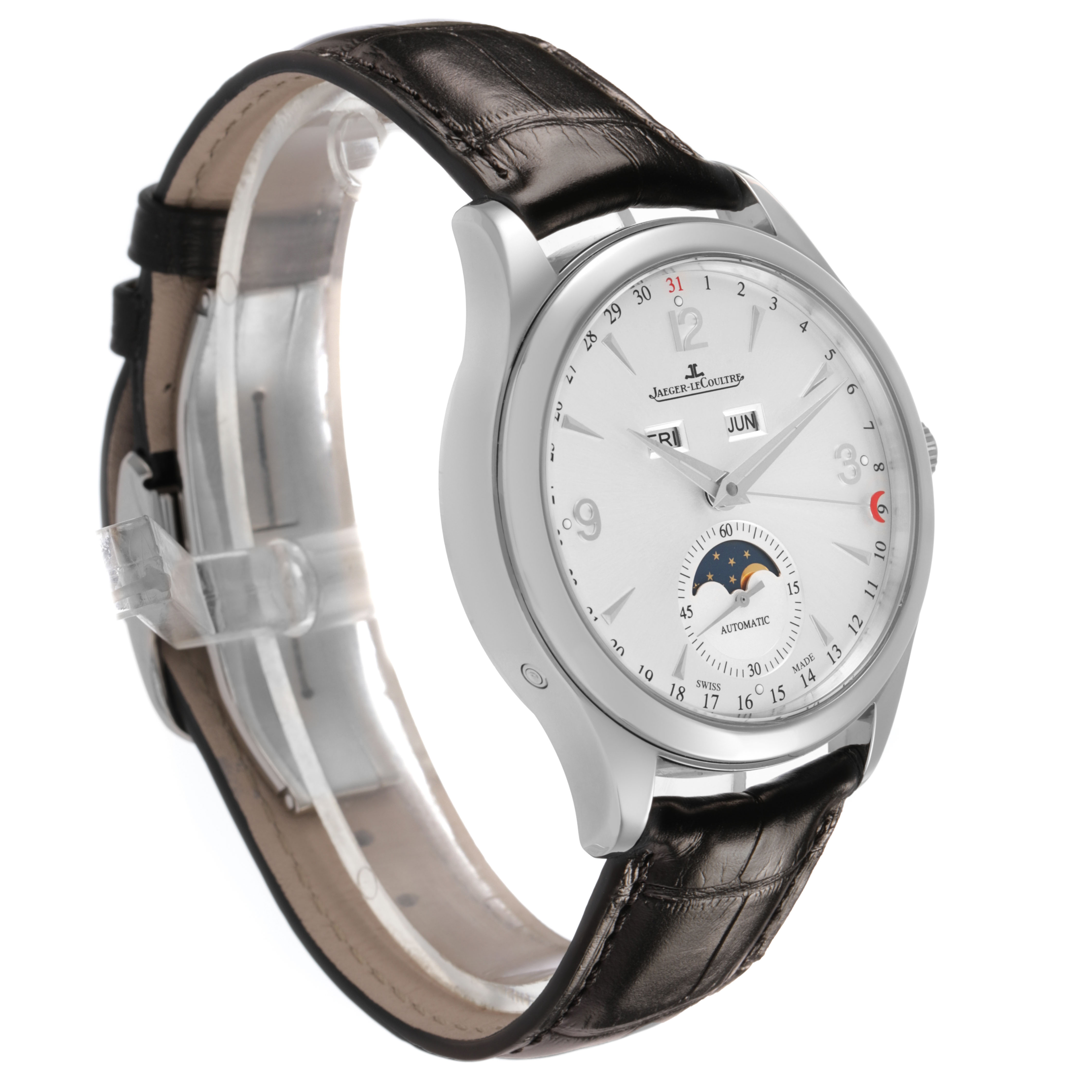 The Jaeger LeCoultre Master Q1558420 Men's Stainless Steel Silver Dial watch is shown at a three-quarter angle, displaying the dial, case, and leather strap.