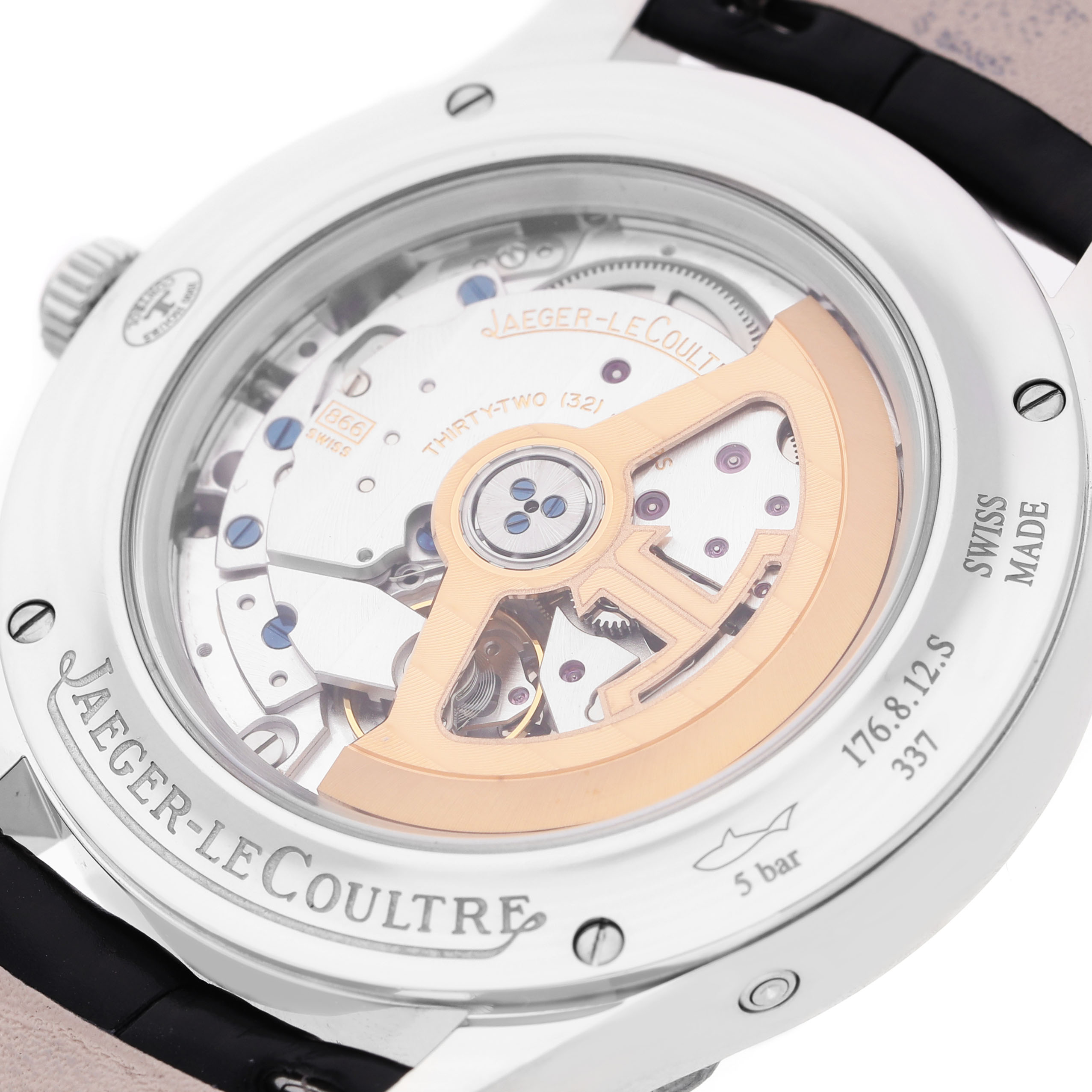 The image shows the back of a Jaeger-LeCoultre Master model, highlighting the movement and rotor through a transparent caseback.