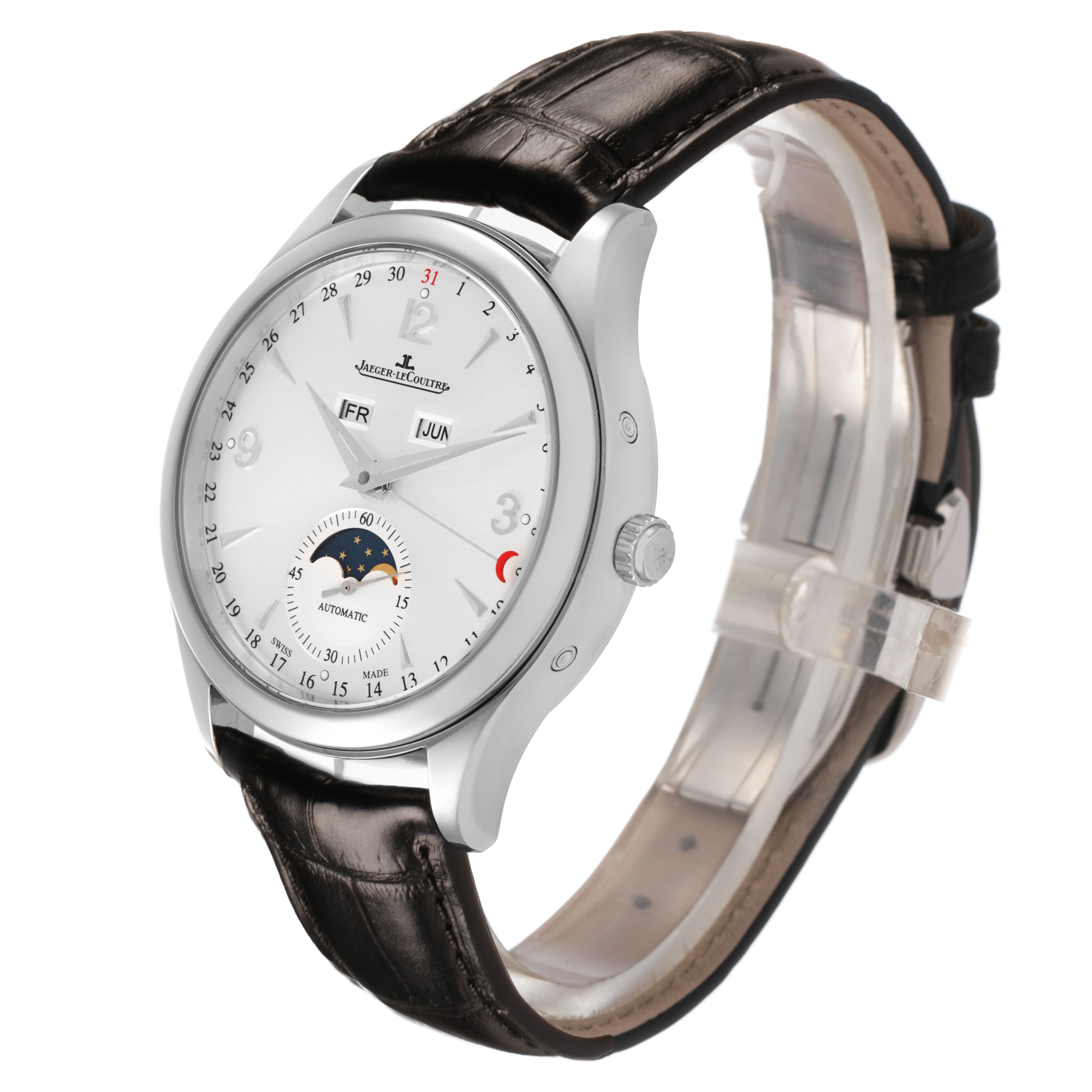 The Jaeger-LeCoultre Master watch is shown from a three-quarter angle, displaying the dial, crown, and leather strap.