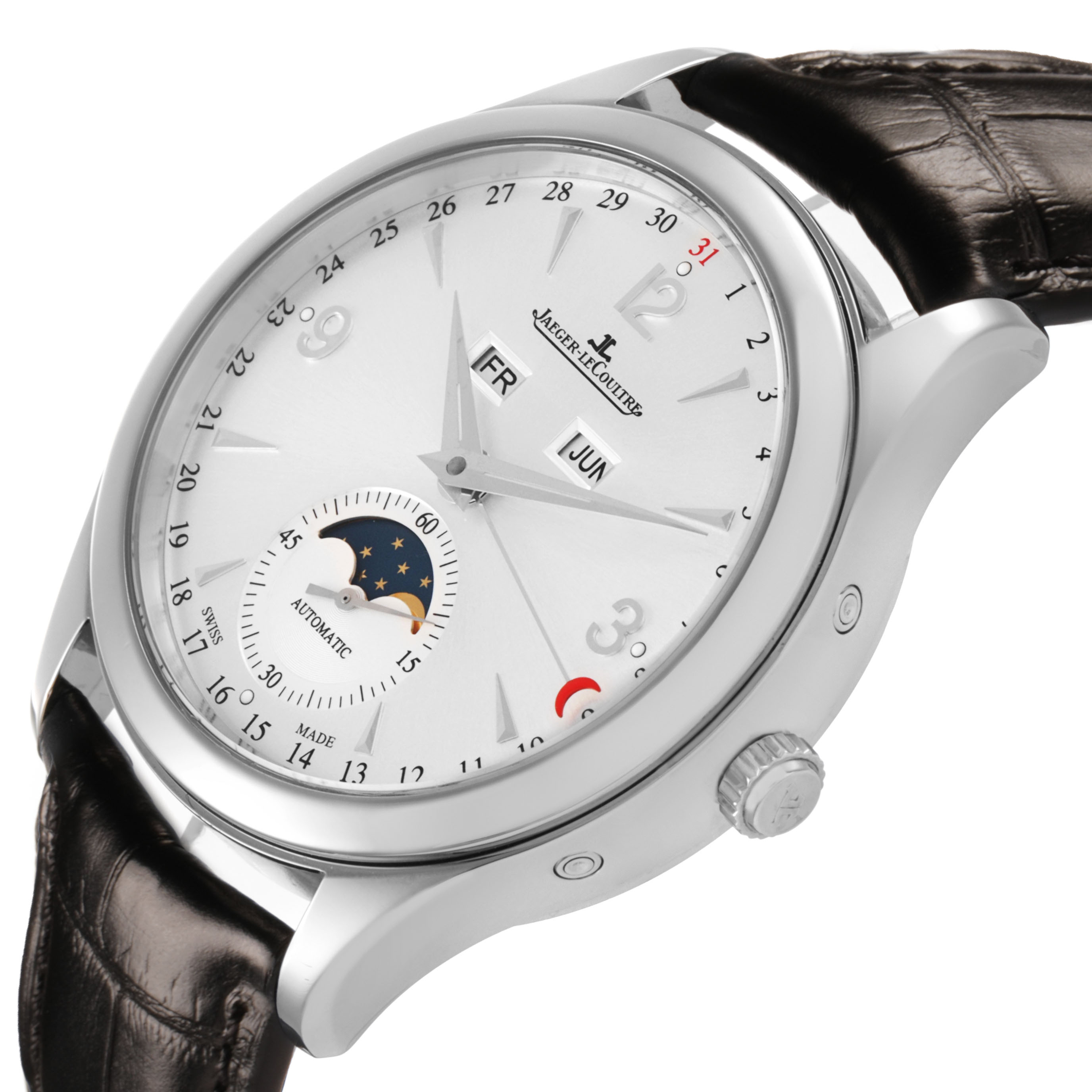 The Jaeger-LeCoultre Master watch is shown at an angle highlighting the dial, crown, and leather strap.