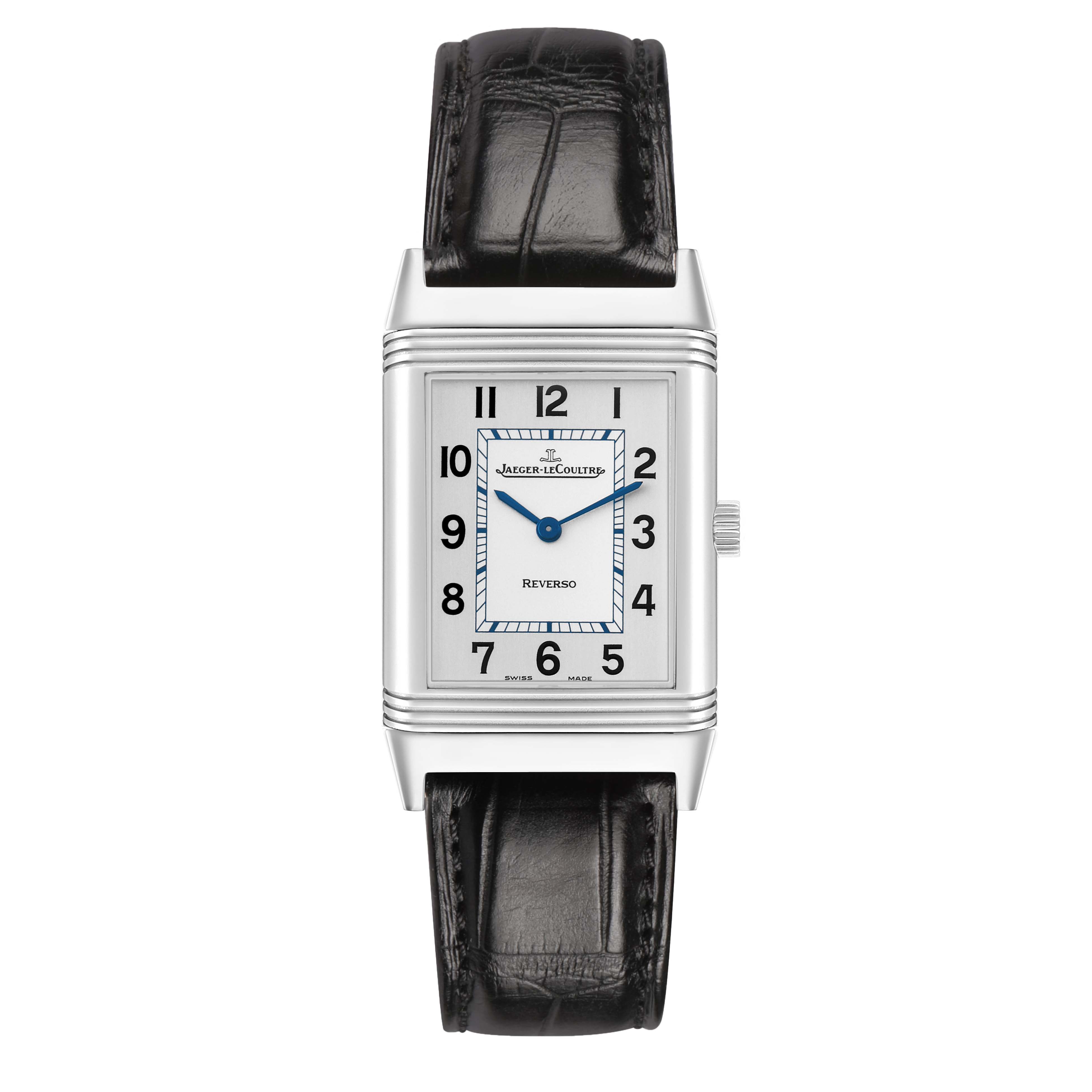 The Jaeger-LeCoultre Reverso watch is shown from the front, highlighting its face and leather strap.