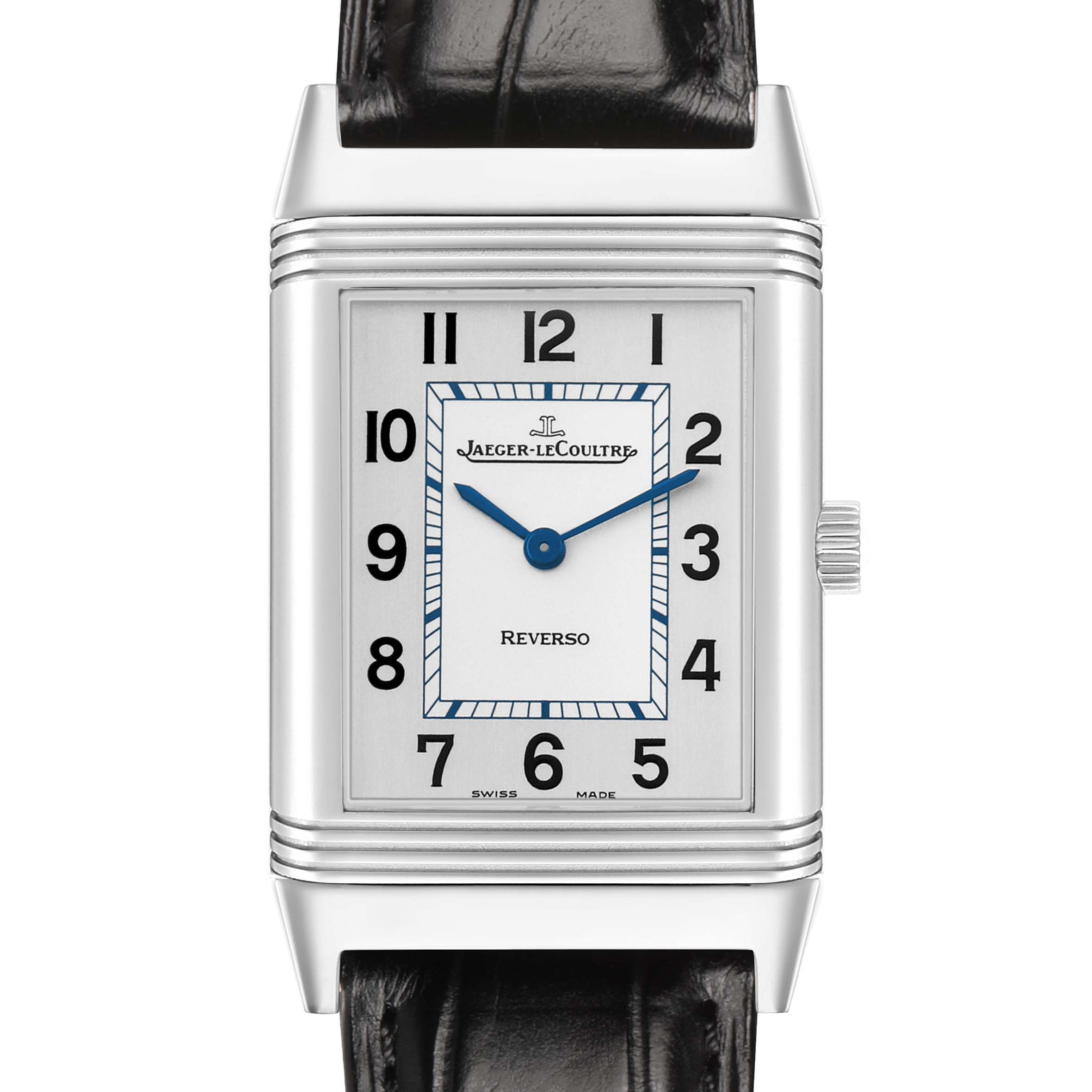 The Jaeger LeCoultre Reverso 252.8.47 Women's Stainless Steel Silver Dial watch is shown from a front angle, highlighting the face, case, and strap.