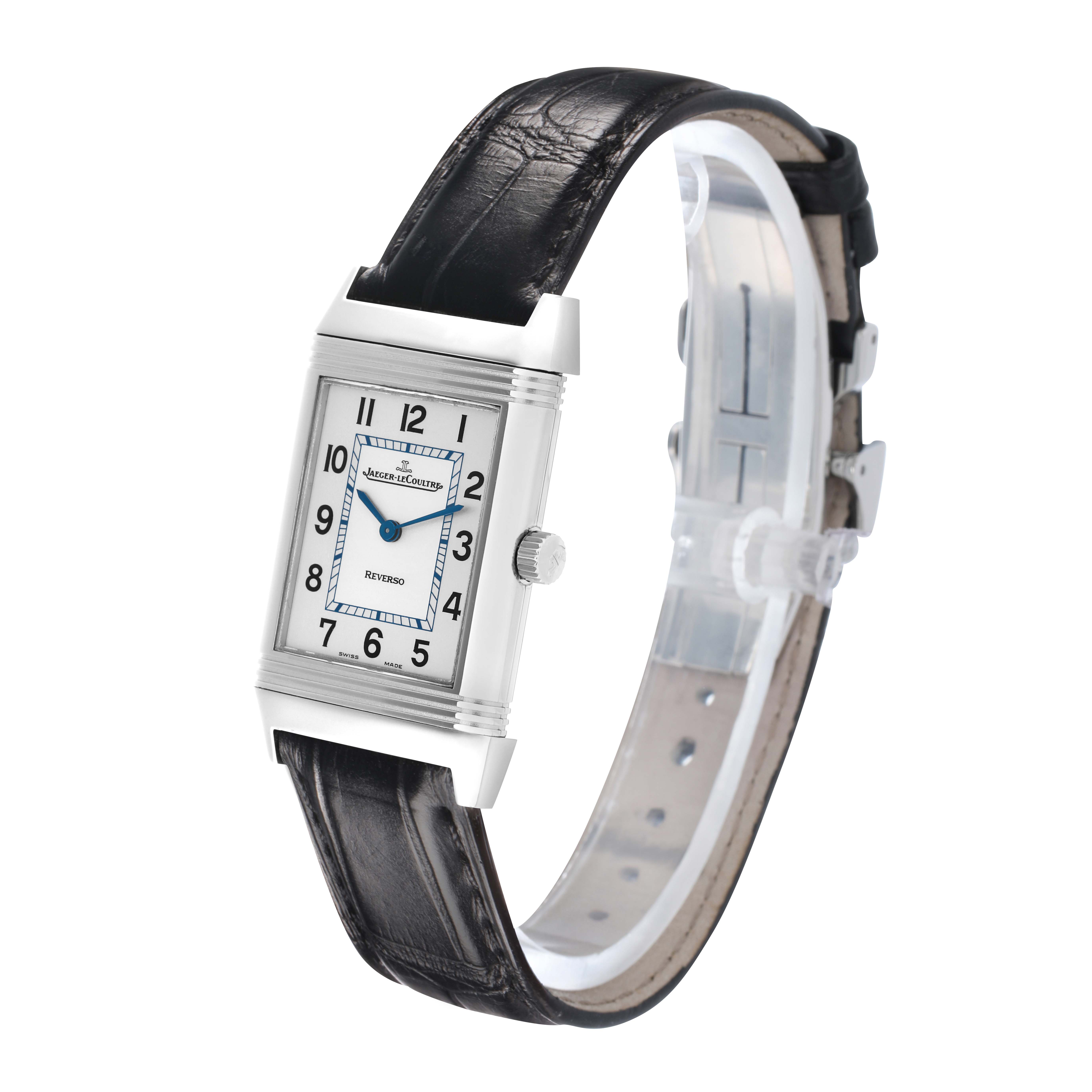 The Jaeger-LeCoultre Reverso watch is angled to show the front face, strap, and crown on the side.
