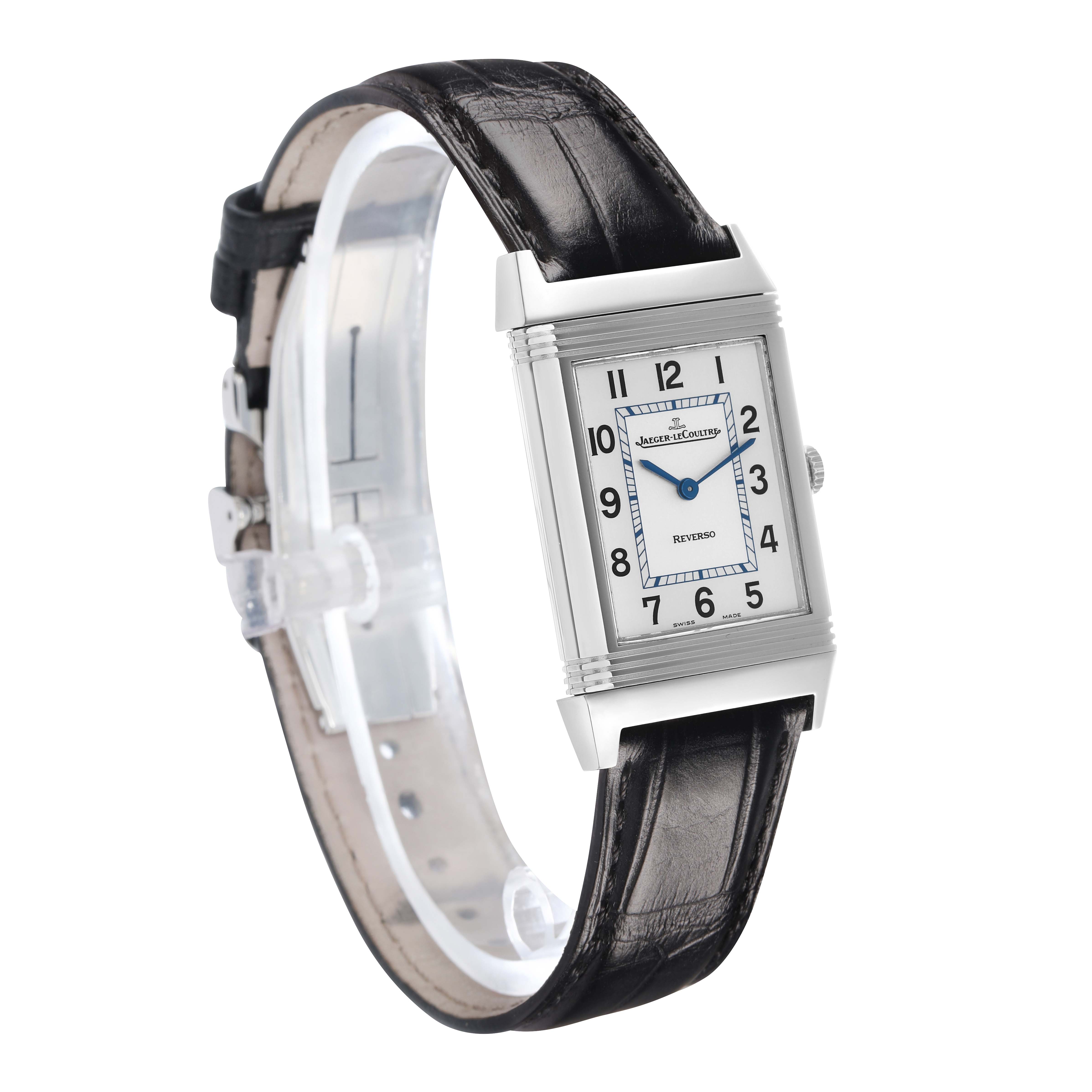 The Jaeger LeCoultre Reverso 252.8.47 Women's Stainless Steel Silver Dial watch is shown at an angle, displaying the face, case, and black leather strap.