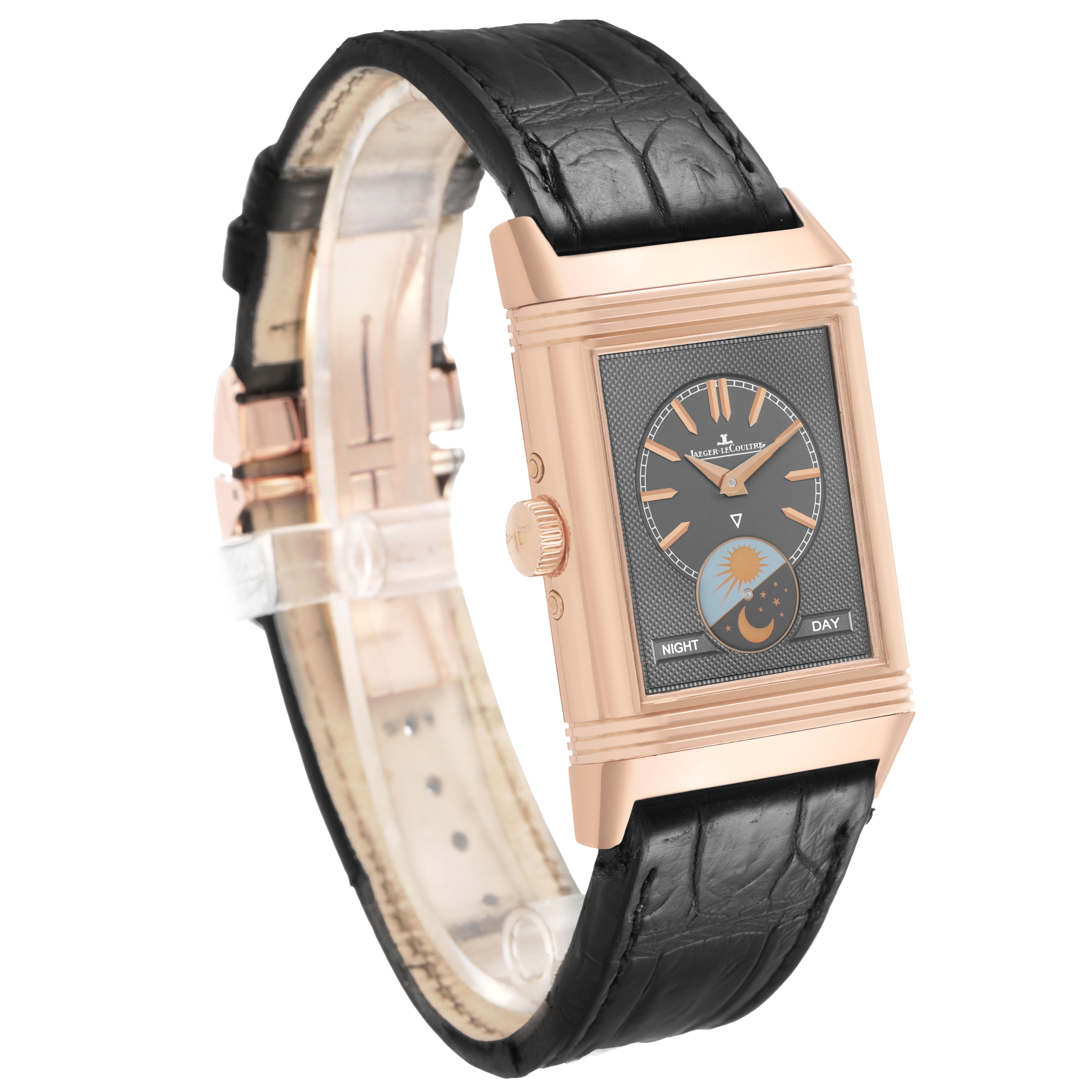 The Jaeger-LeCoultre Reverso model is shown at a side angle, displaying the case, dial, crown, and leather strap.