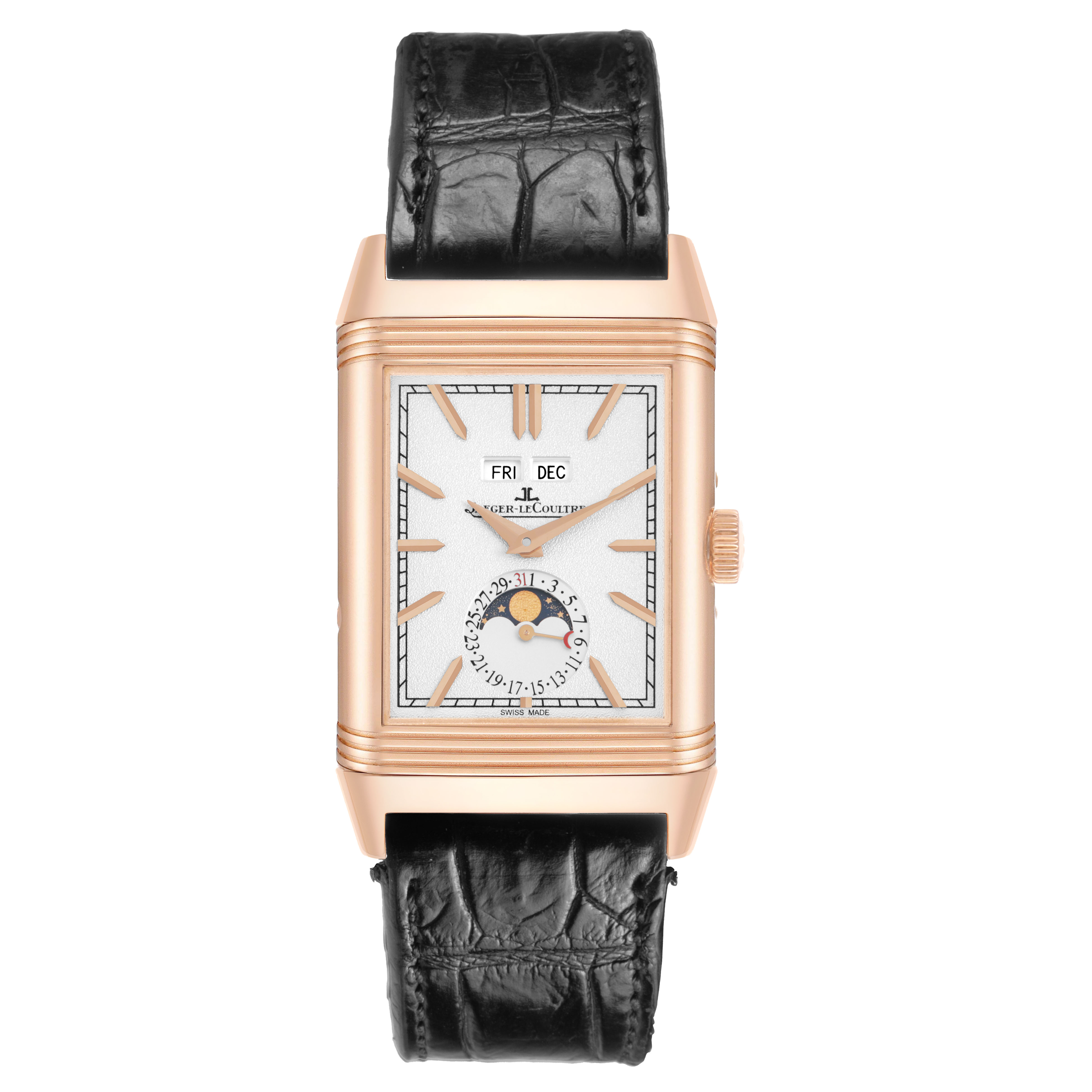 The Jaeger-LeCoultre Reverso watch is shown from the front, displaying the dial, hands, strap, and crown.