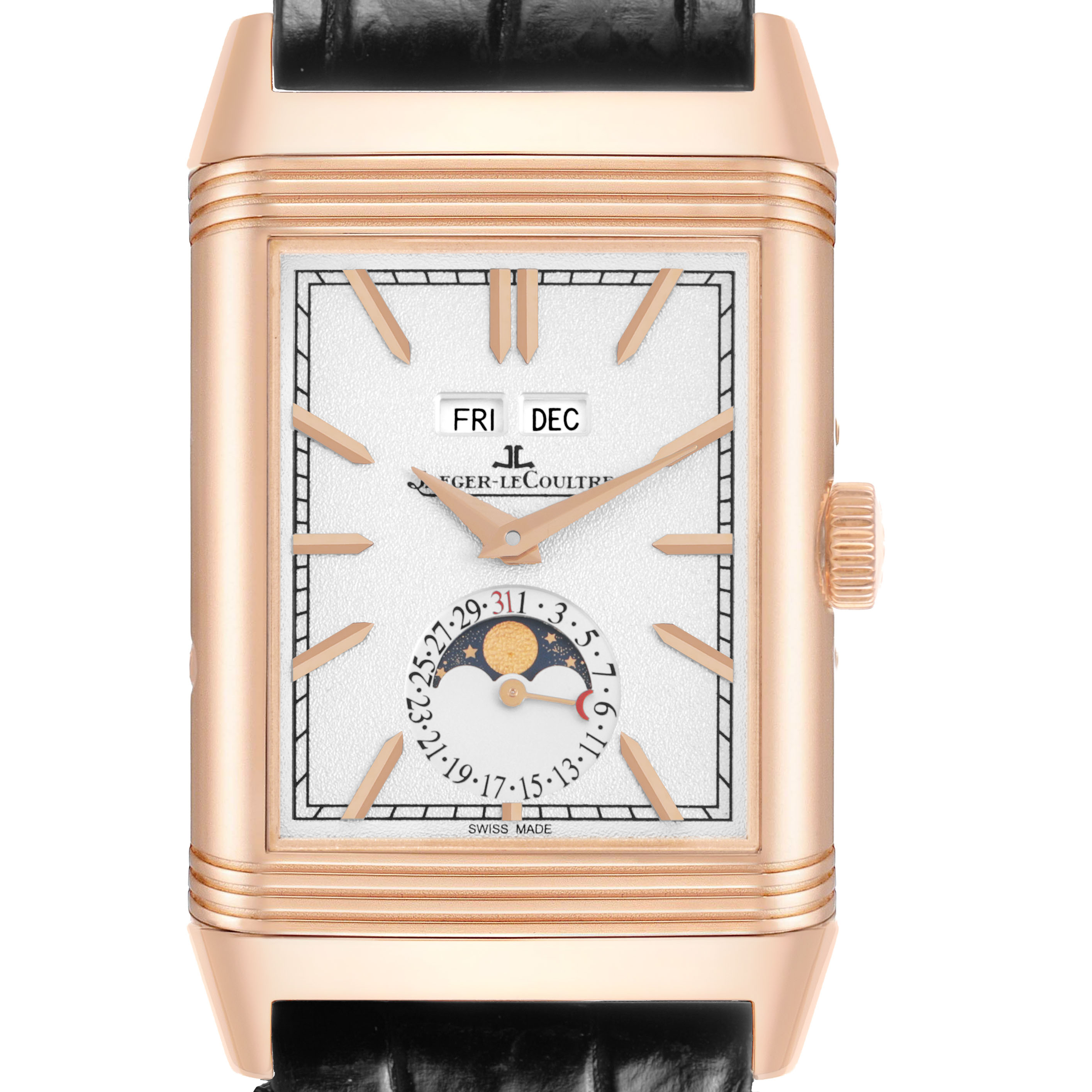 The Jaeger-LeCoultre Reverso watch is shown from the front, highlighting the dial, hands, date, and moon phase display.