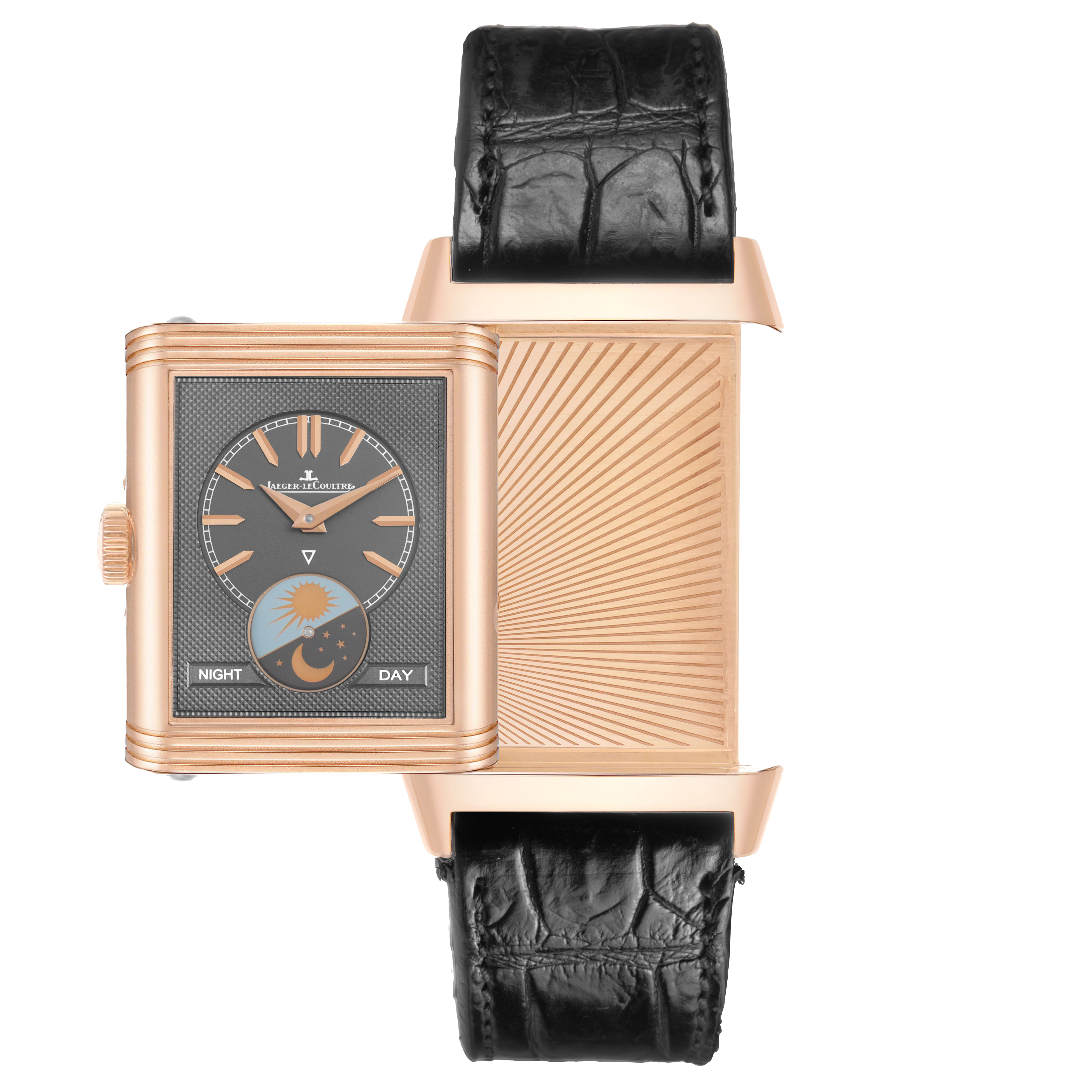 The Jaeger-LeCoultre Reverso watch is shown with one side displaying the face and the other showing the engraved back, at a straight-on angle.