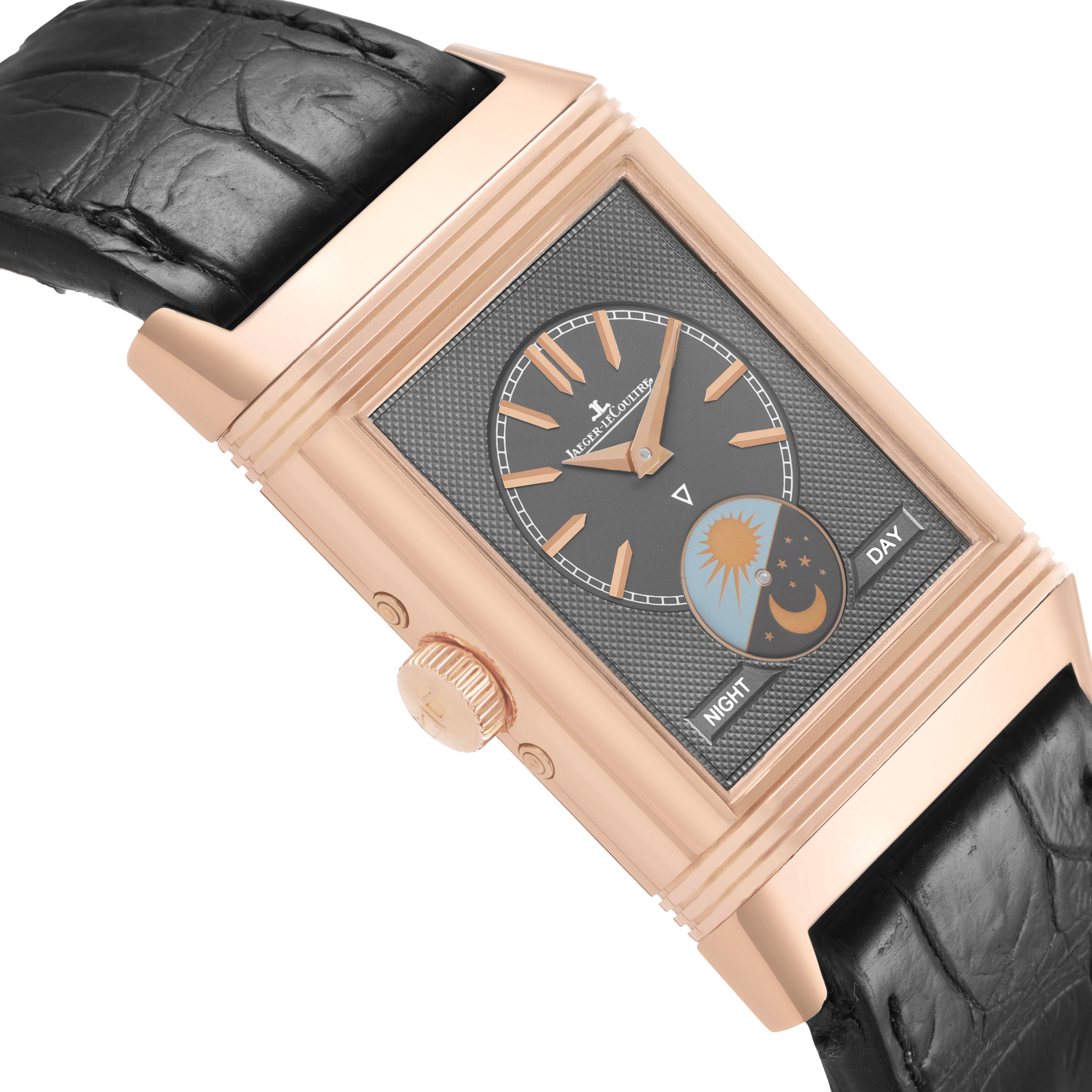 The Jaeger-LeCoultre Reverso watch is shown from a slight diagonal angle, highlighting the face, crown, and part of the strap.