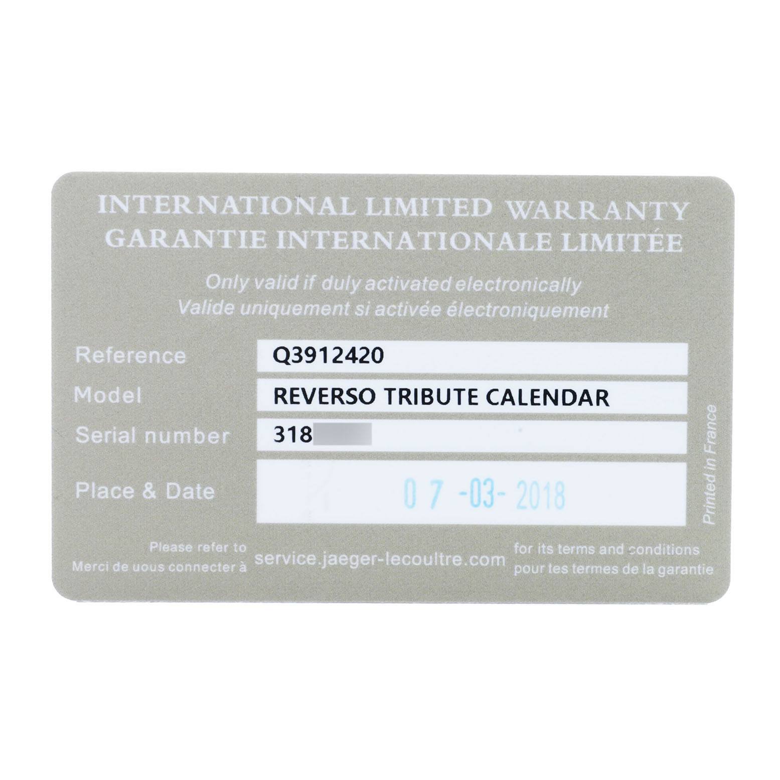 The image shows a warranty card for the Jaeger LeCoultre Reverso Q3912420 Men's Rose Gold Silver Dial Tribute Calendar watch.
