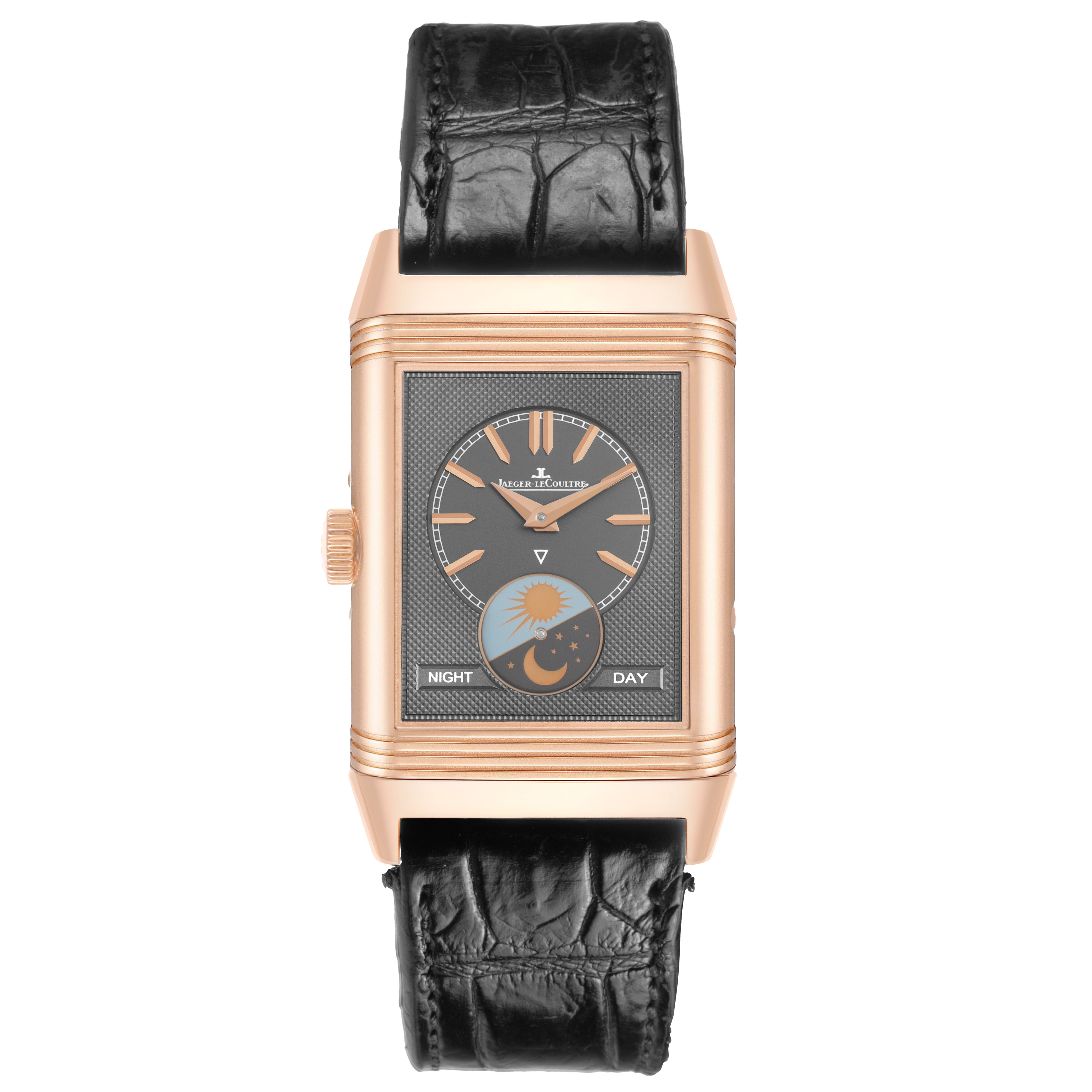 The image shows a front view of the Jaeger LeCoultre Reverso Q3912420 Men's Rose Gold Silver Dial watch, highlighting its dial and rectangular case.
