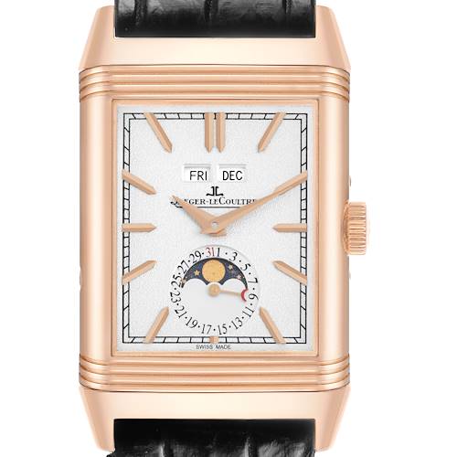 The Jaeger LeCoultre Reverso Q3912420 Men's Rose Gold Silver Dial watch is shown from the front, displaying the face, hands, calendar, and moon phase complications.