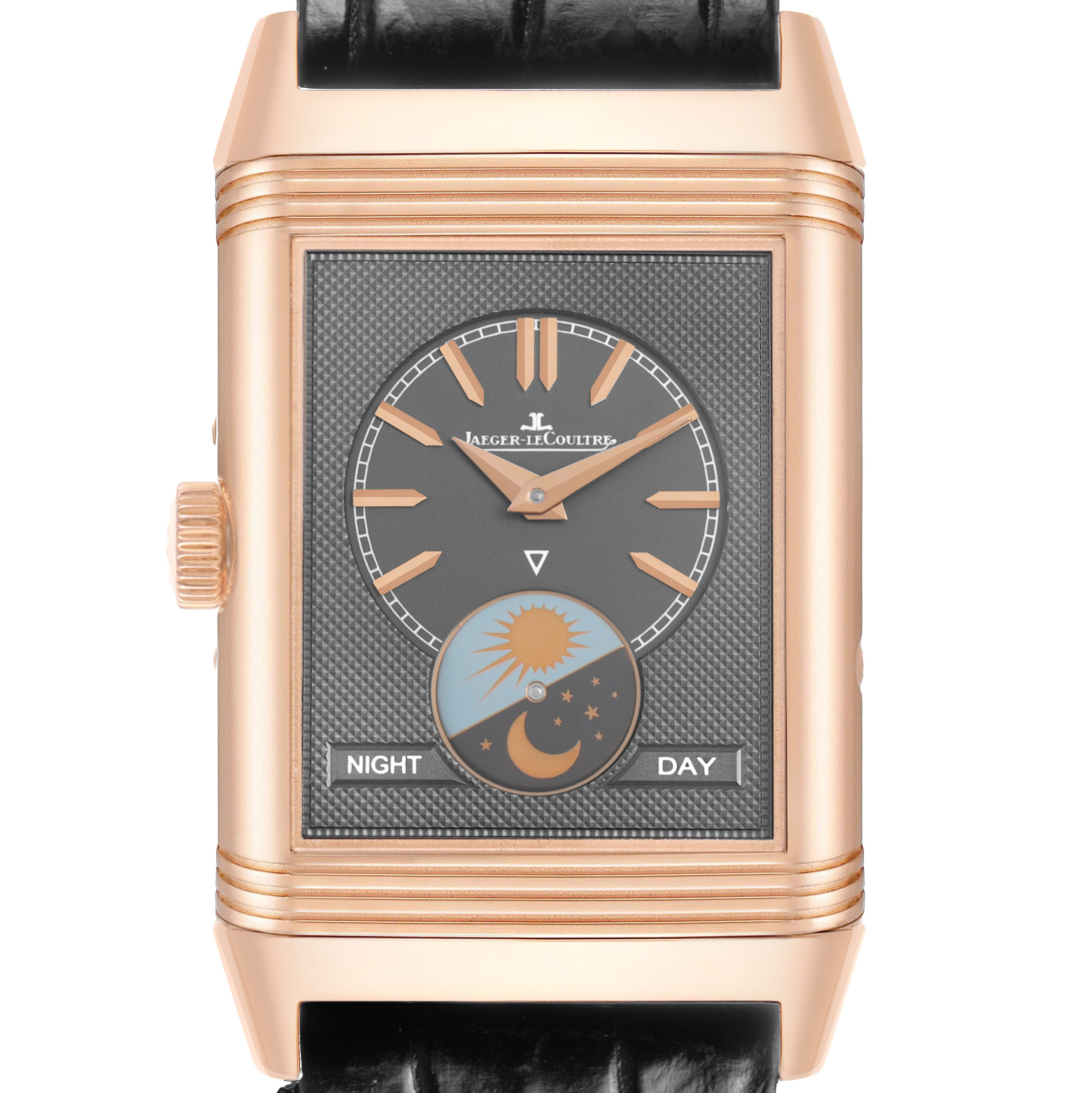 The Jaeger-LeCoultre Reverso watch is shown front-on, highlighting the dial, hands, crown, and day-night indicator.