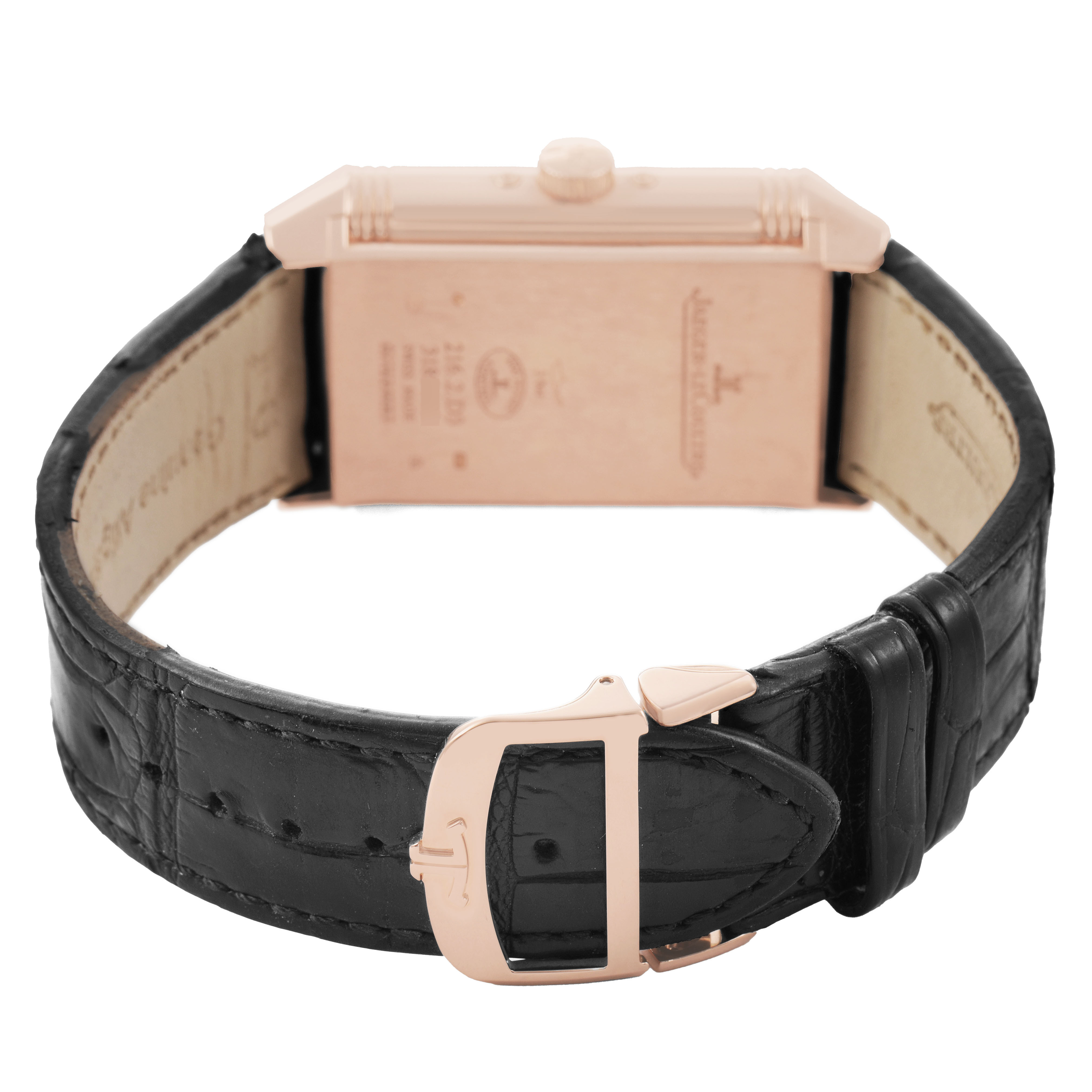 The Jaeger LeCoultre Reverso Q3912420 Men's Rose Gold Silver Dial watch is shown at a rear angle, highlighting the back case, crown, and a black leather strap with buckle.