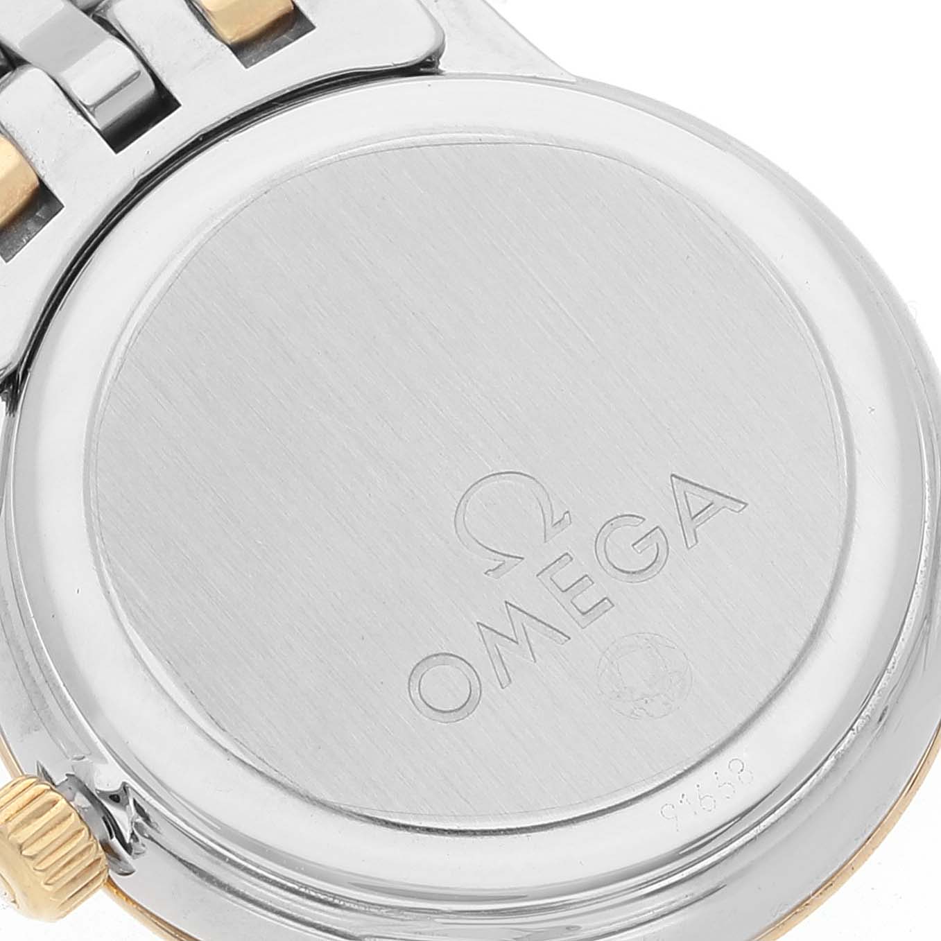 This image shows the back case and part of the bracelet of the Omega 4375.75.00 Women's Stainless Steel Mother of Pearl Dial 4375.75.00 Women's Stainless Steel Mother of Pearl Dial DeVille Mother Of Pearl Diamond Steel Yellow Gold Ladies Watch 4375.75.00.