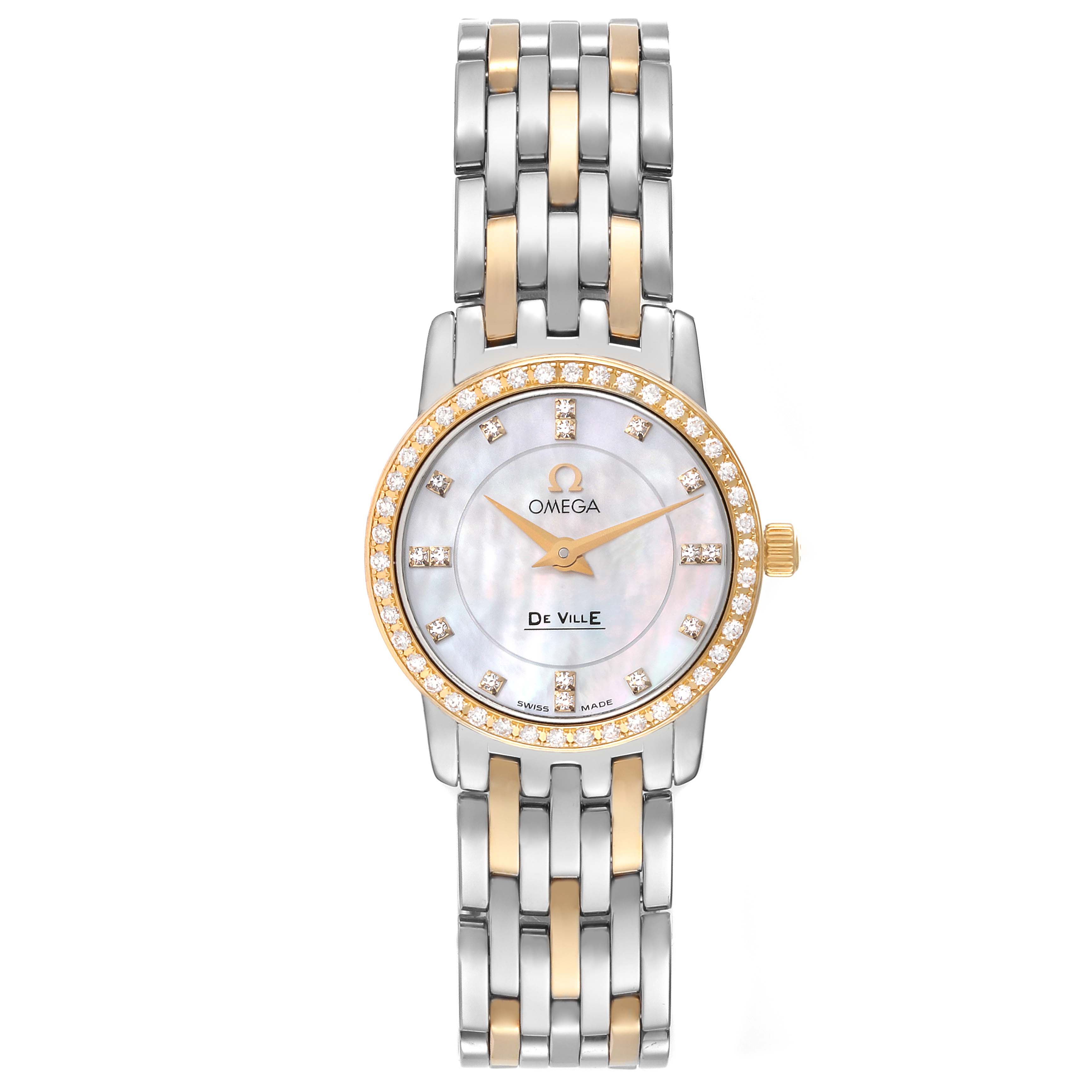 The Omega 4375.75.00 Women's Stainless Steel Mother of Pearl Dial 4375.75.00 Women's Stainless Steel Mother of Pearl Dial DeVille Mother Of Pearl Diamond Steel Yellow Gold Ladies Watch 4375.75.00 is shown from the front, detailing the face, bezel, and bracelet.