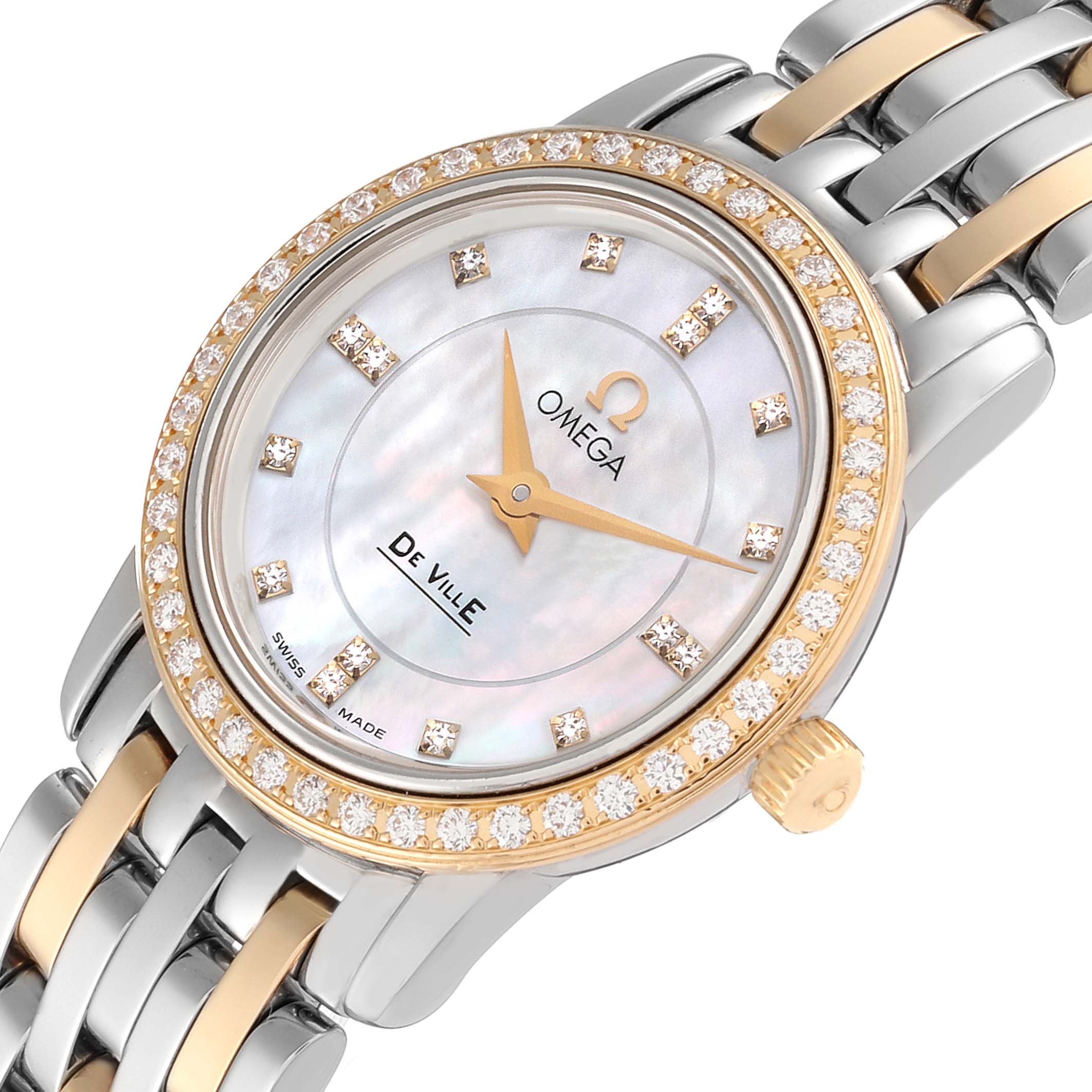 This image shows the face and partial bracelet of the Omega 4375.75.00 Women's Stainless Steel Mother of Pearl Dial 4375.75.00 Women's Stainless Steel Mother of Pearl Dial DeVille Mother Of Pearl Diamond Steel Yellow Gold Ladies Watch 4375.75.00.