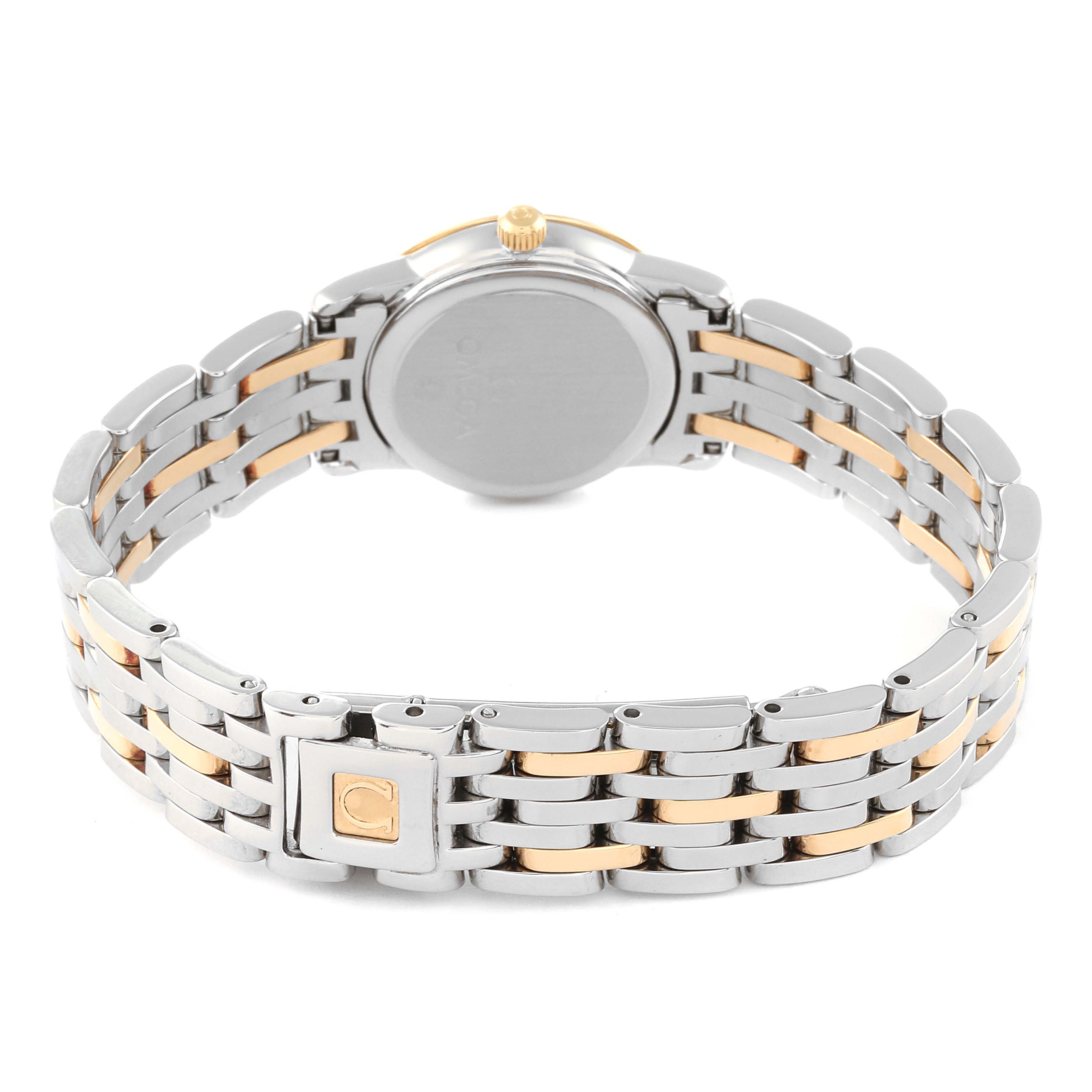 This image shows the back view of the Omega 4375.75.00 Women's Stainless Steel Mother of Pearl Dial 4375.75.00 Women's Stainless Steel Mother of Pearl Dial DeVille Mother Of Pearl Diamond Steel Yellow Gold Ladies Watch model 4375.75.00, focusing on the bracelet and clasp.