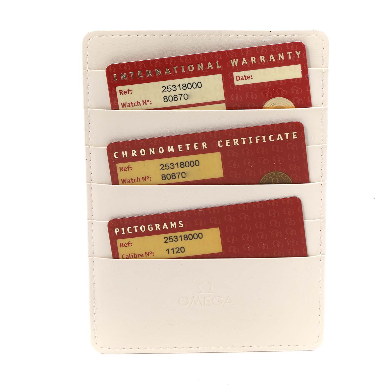 The image shows Omega Seamaster 2531.80.00 Men's Stainless Steel Blue Dial 2531.80.00 Men's Stainless Steel Blue Dial model watch warranty cards in a white holder, viewed from the front.