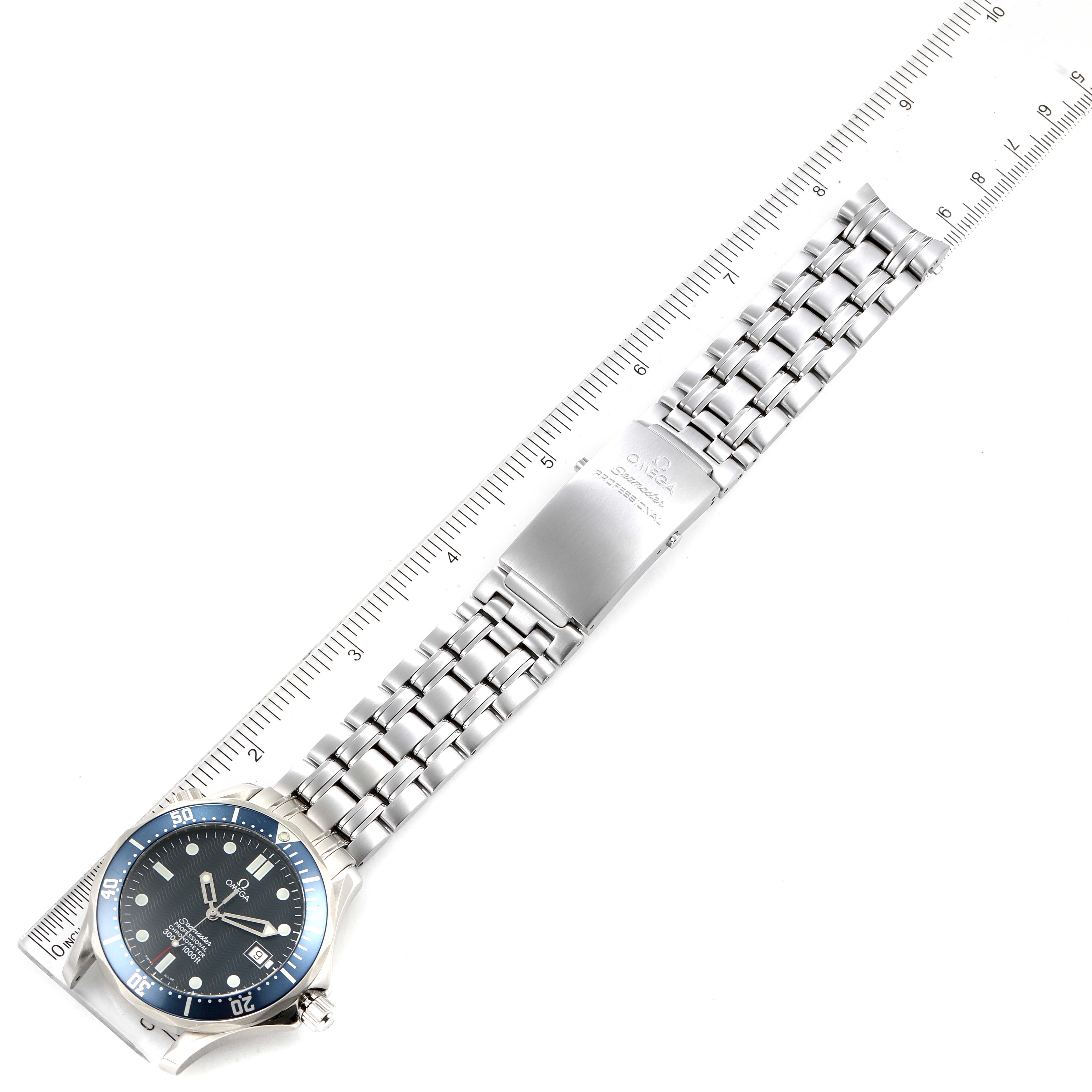 The Omega Seamaster 2531.80.00 Men's Stainless Steel Blue Dial 2531.80.00 Men's Stainless Steel Blue Dial watch is shown from an overhead angle, highlighting its face, bracelet, and closed clasp.