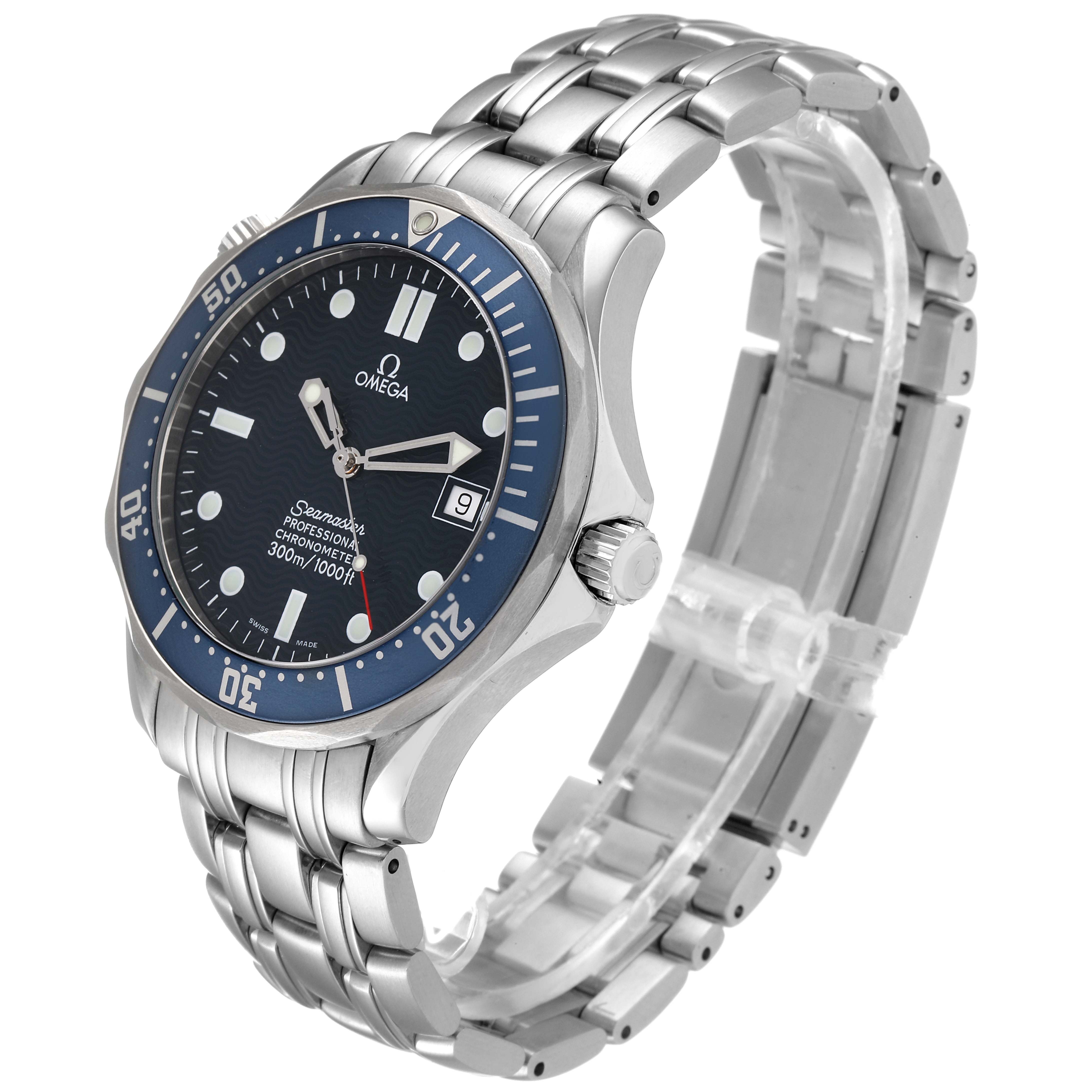 The image shows the Omega Seamaster 2531.80.00 Men's Stainless Steel Blue Dial 2531.80.00 Men's Stainless Steel Blue Dial watch at a three-quarter angle highlighting the bracelet, case, bezel, and dial.