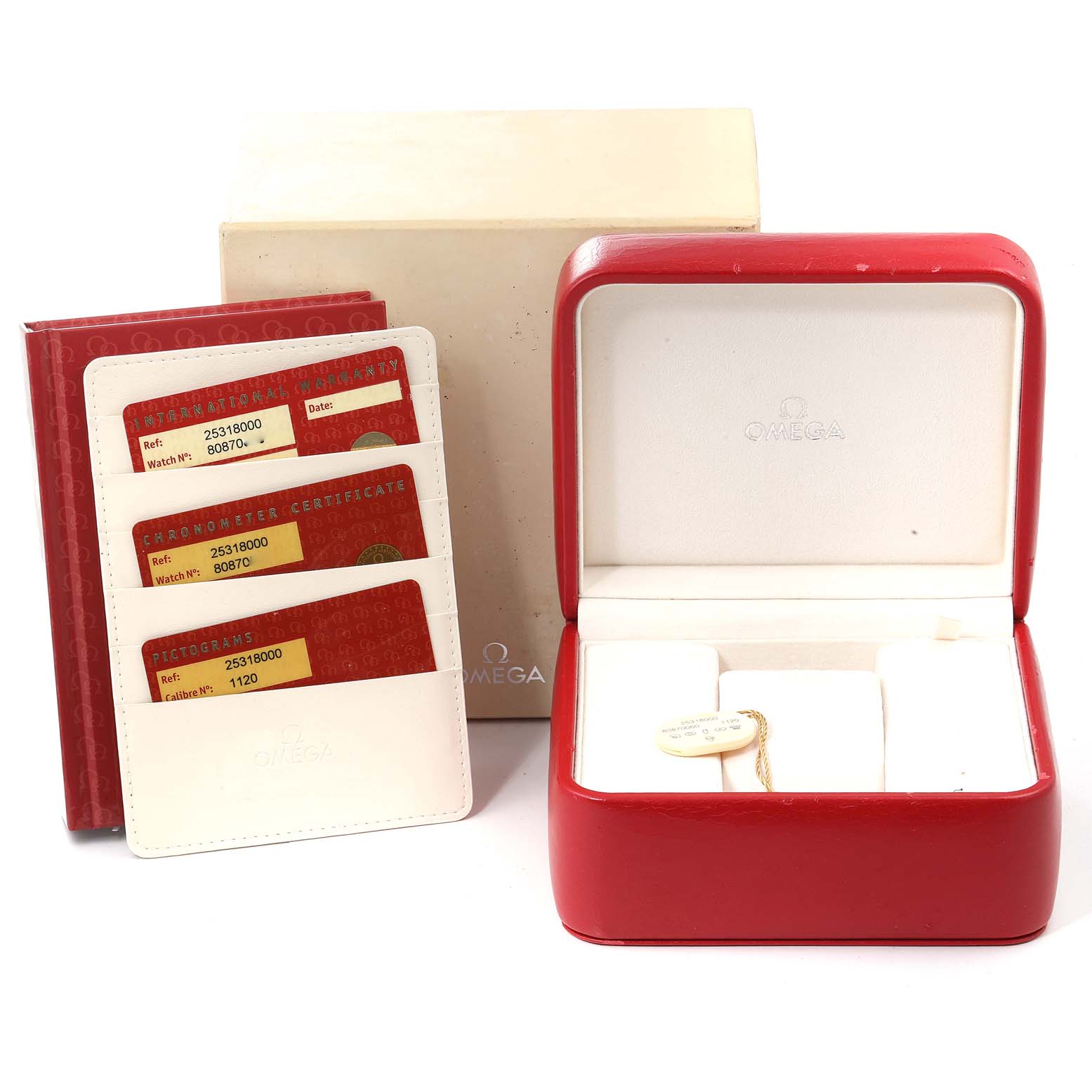 The image shows a red Omega Seamaster 2531.80.00 Men's Stainless Steel Blue Dial 2531.80.00 Men's Stainless Steel Blue Dial watch box, warranty cards, and certificates, viewed from the front.