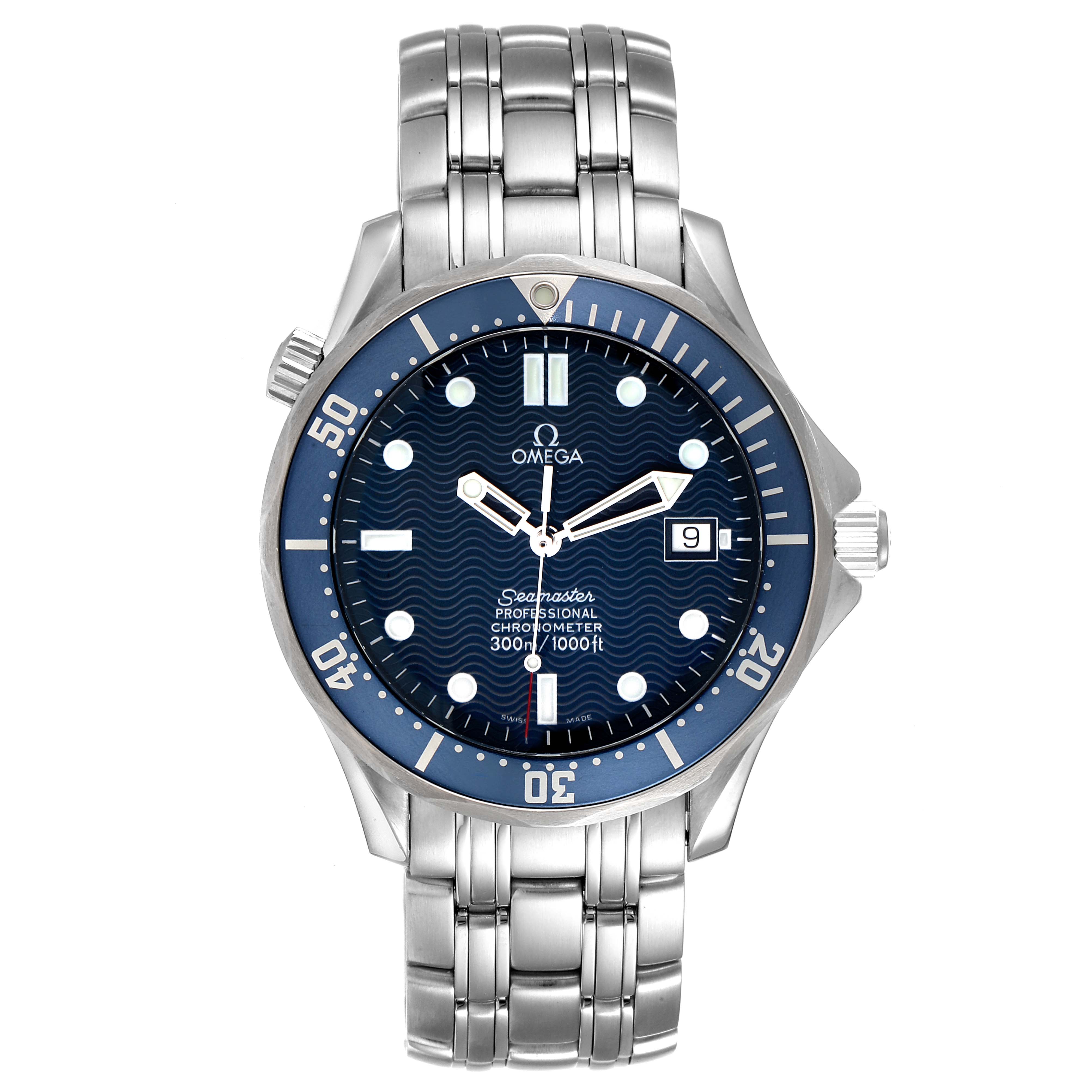 This image shows a front view of the Omega Seamaster 2531.80.00 Men's Stainless Steel Blue Dial 2531.80.00 Men's Stainless Steel Blue Dial watch, highlighting its face, bezel, bracelet, and crown.