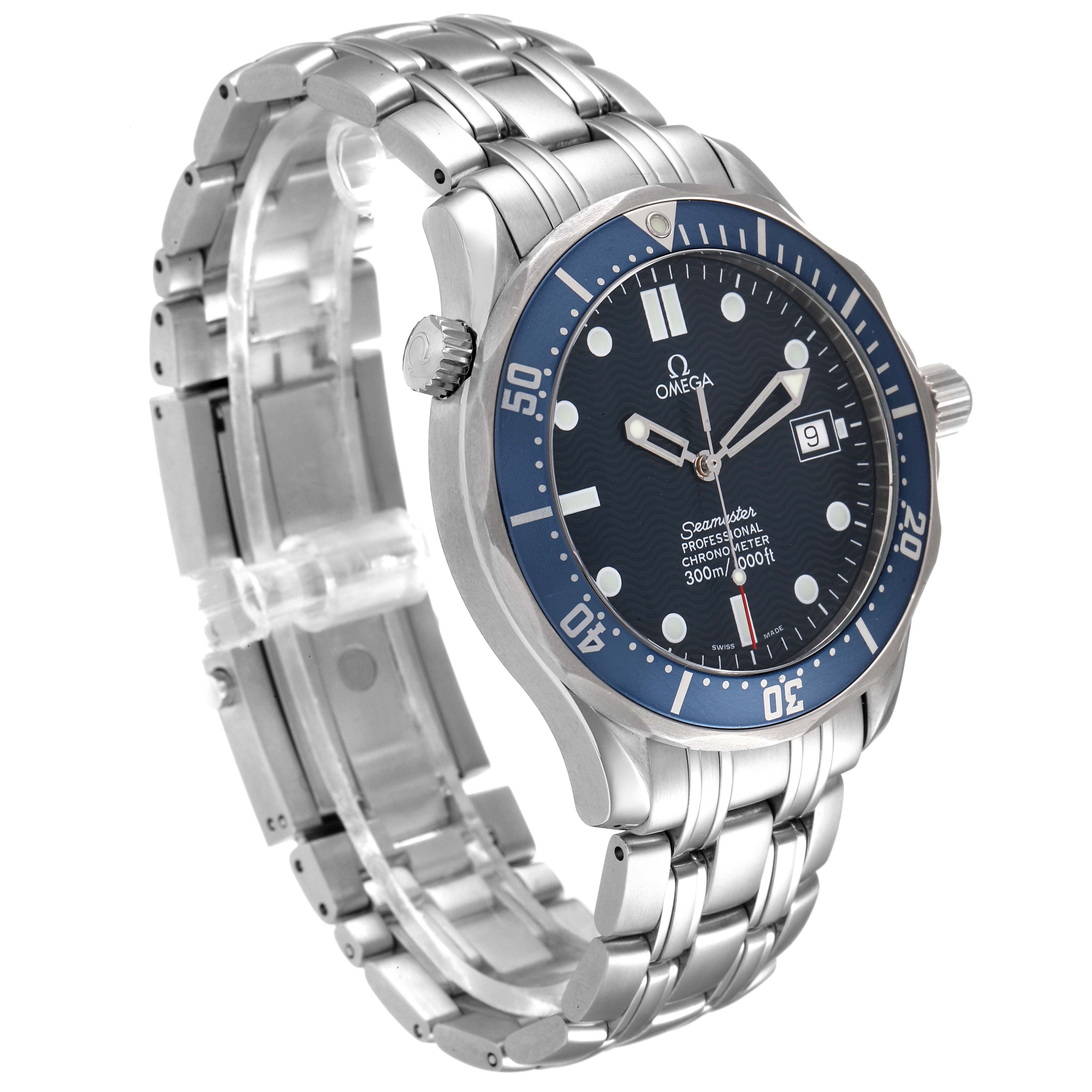 This image shows a side angle view of the Omega Seamaster 2531.80.00 Men's Stainless Steel Blue Dial 2531.80.00 Men's Stainless Steel Blue Dial watch, highlighting its blue dial, stainless steel bracelet, and date display.
