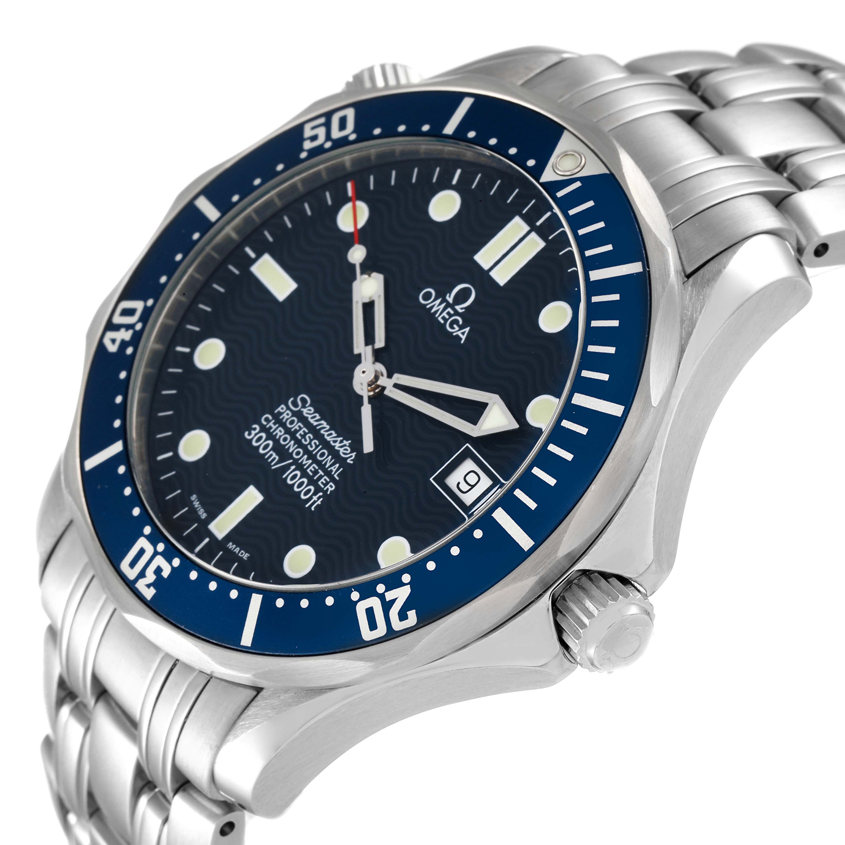 The image shows an Omega Seamaster 2531.80.00 Men's Stainless Steel Blue Dial 2531.80.00 Men's Stainless Steel Blue Dial watch at an angled view, highlighting the dial, bezel, crown, and part of the bracelet.
