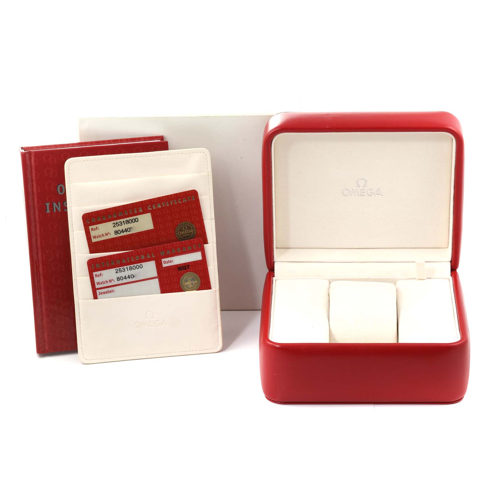 The image shows an Omega Seamaster 2531.80.00 Men's Stainless Steel Blue Dial 2531.80.00 Men's Stainless Steel Blue Dial watch case, instruction manual, and warranty cards with a cardholder.