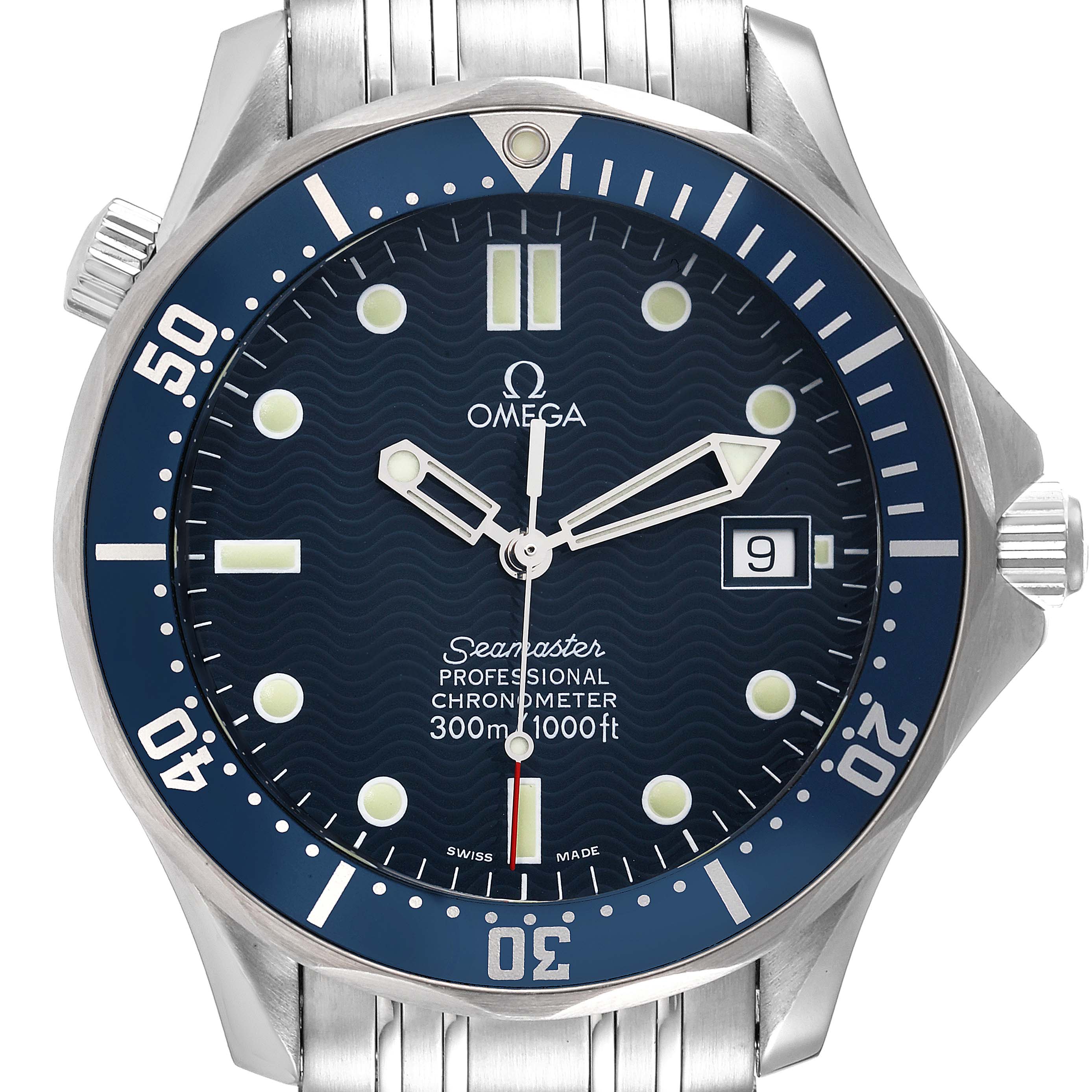 This image shows a front view of the Omega Seamaster 2531.80.00 Men's Stainless Steel Blue Dial 2531.80.00 Men's Stainless Steel Blue Dial watch, highlighting the dial, bezel, and part of the bracelet.