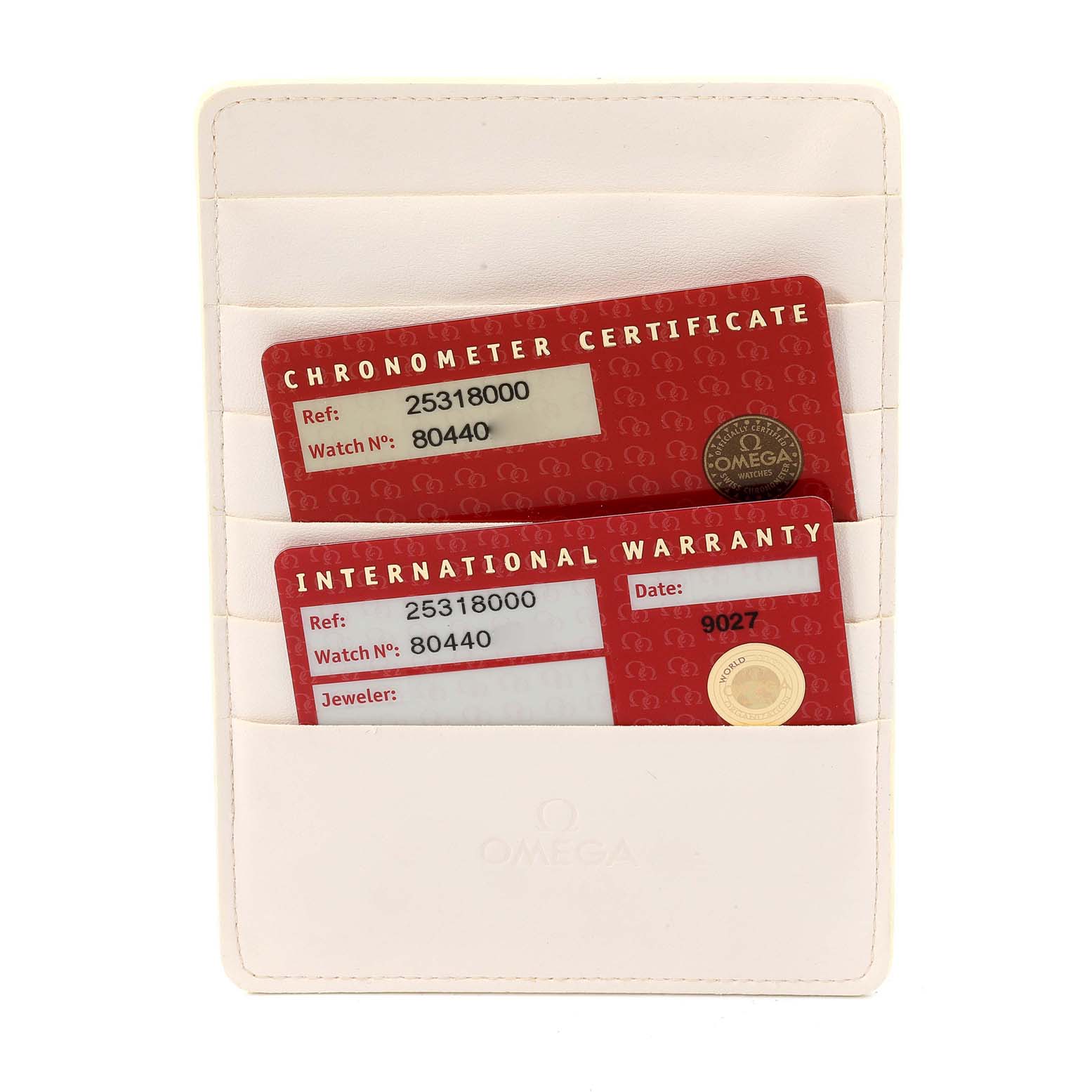 The image shows Omega Seamaster 2531.80.00 Men's Stainless Steel Blue Dial 2531.80.00 Men's Stainless Steel Blue Dial watch certification cards stored in a white cardholder.