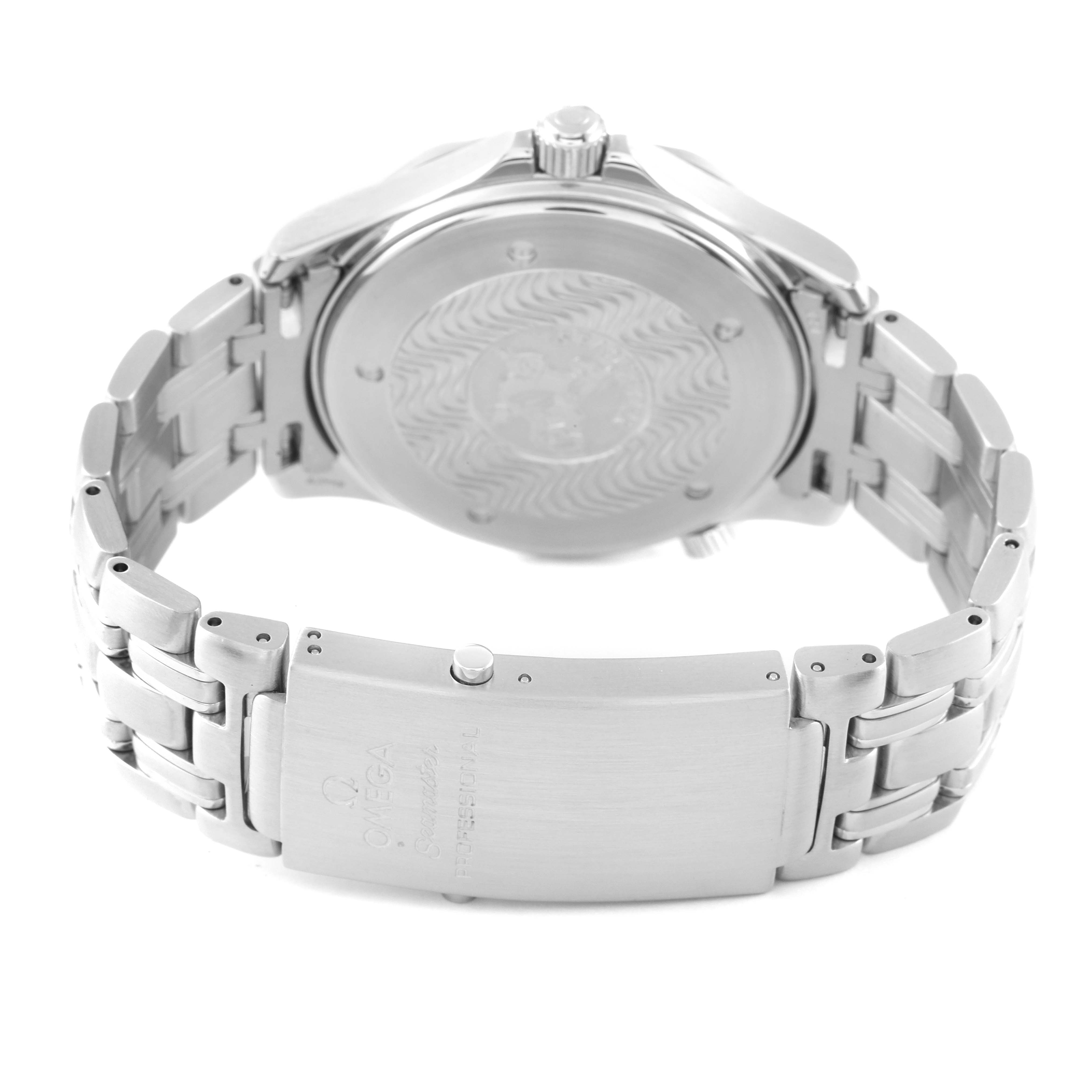 The image shows the back of an Omega Seamaster 2531.80.00 Men's Stainless Steel Blue Dial 2531.80.00 Men's Stainless Steel Blue Dial watch, highlighting its case back and metal bracelet with the clasp.