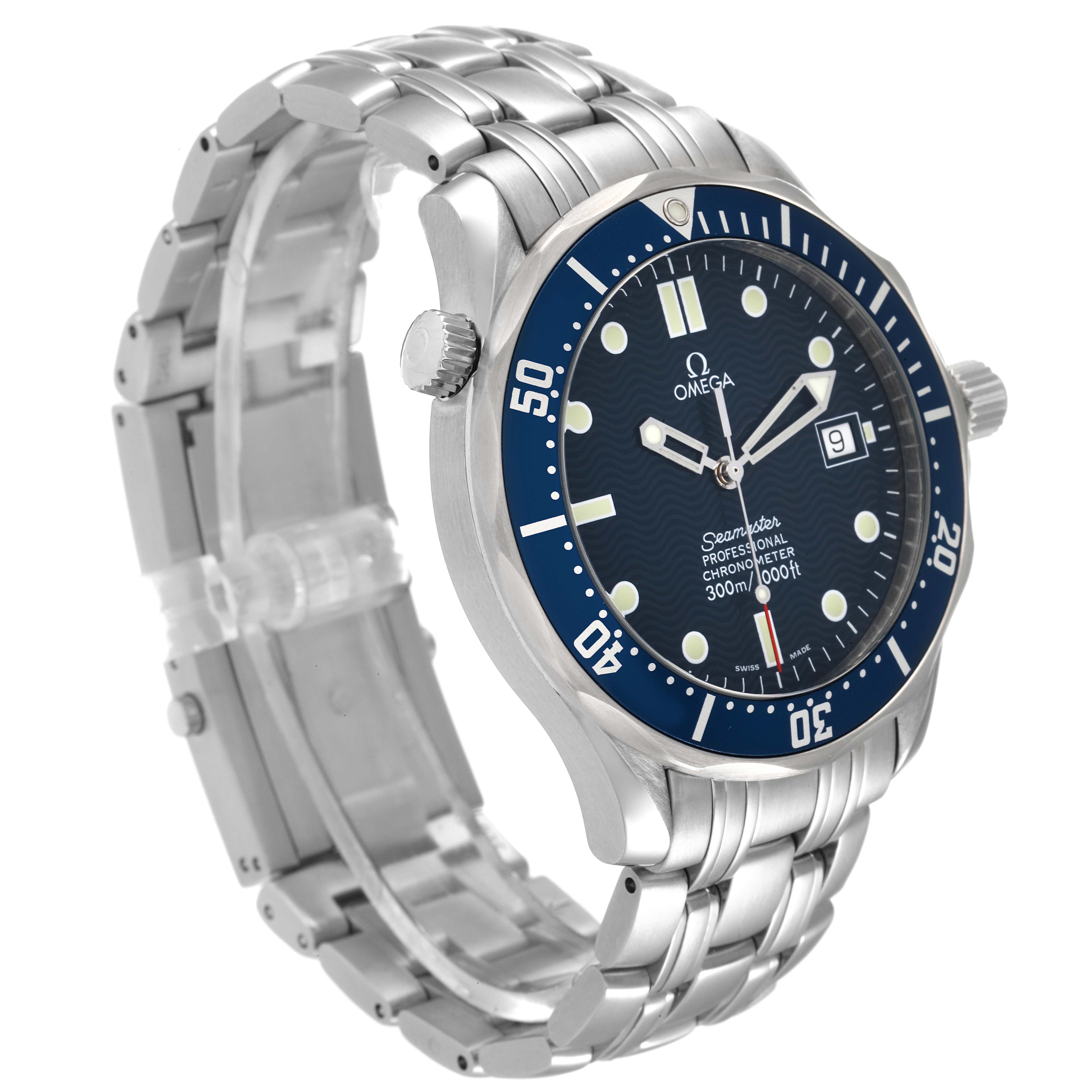 This image shows an Omega Seamaster 2531.80.00 Men's Stainless Steel Blue Dial 2531.80.00 Men's Stainless Steel Blue Dial watch at a three-quarter angle, highlighting the dial, bezel, crown, and bracelet.