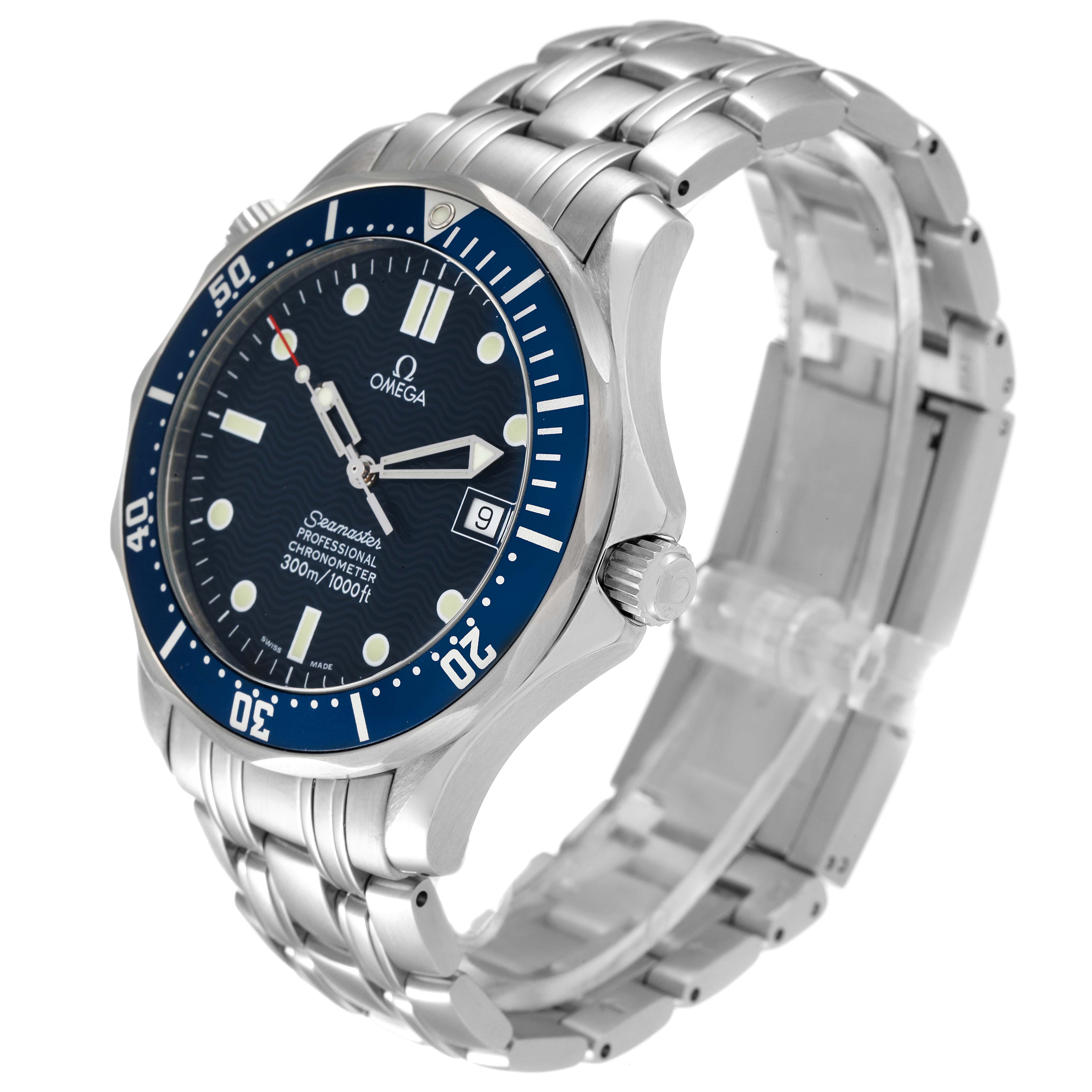 The Omega Seamaster 2531.80.00 Men's Stainless Steel Blue Dial 2531.80.00 Men's Stainless Steel Blue Dial watch is shown at a three-quarter angle, highlighting the face, bezel, crown, and stainless steel bracelet.