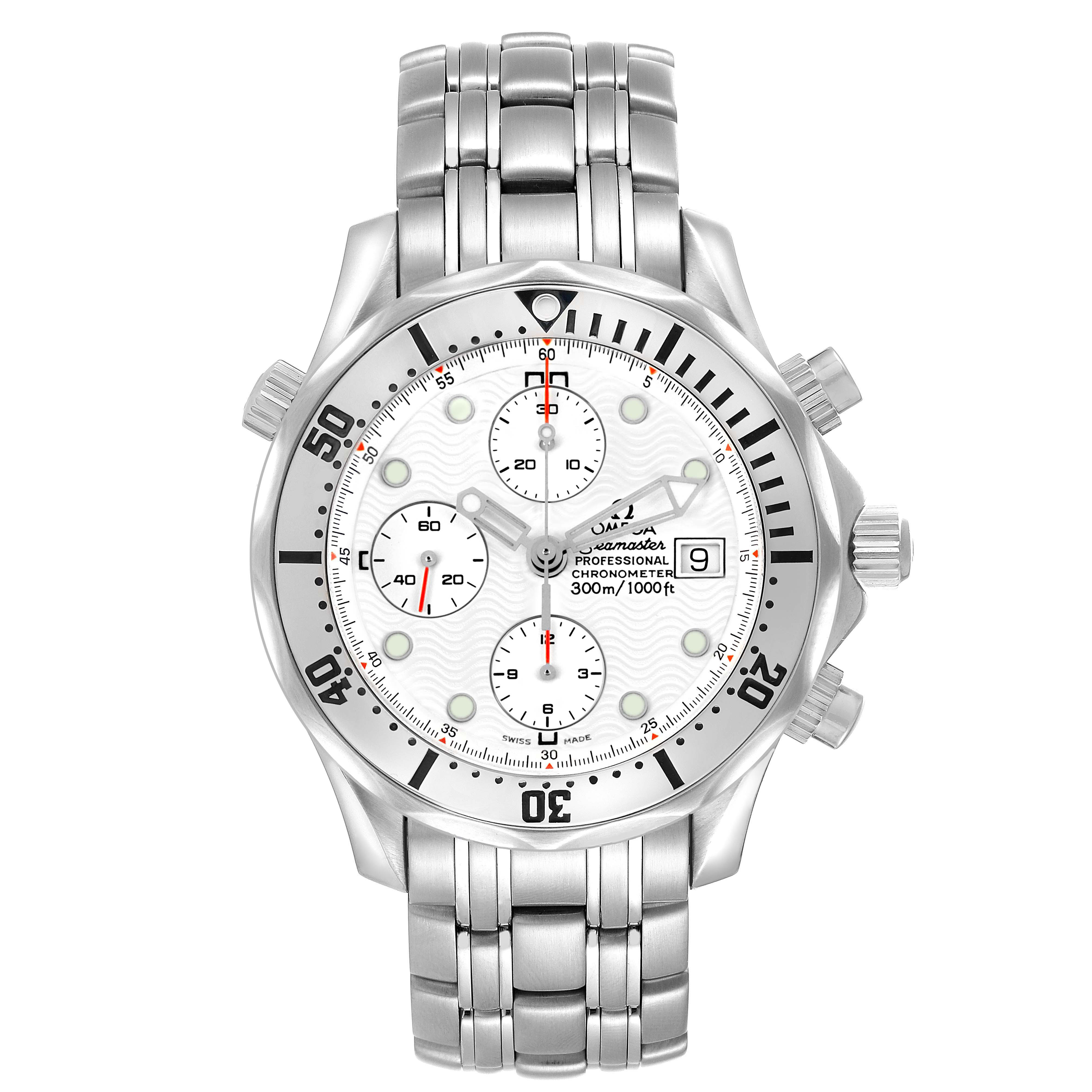 The Omega Seamaster 2598.20.00 Men's Stainless Steel White Dial model is shown from a top view, displaying the watch face, bezel, crown, and band.