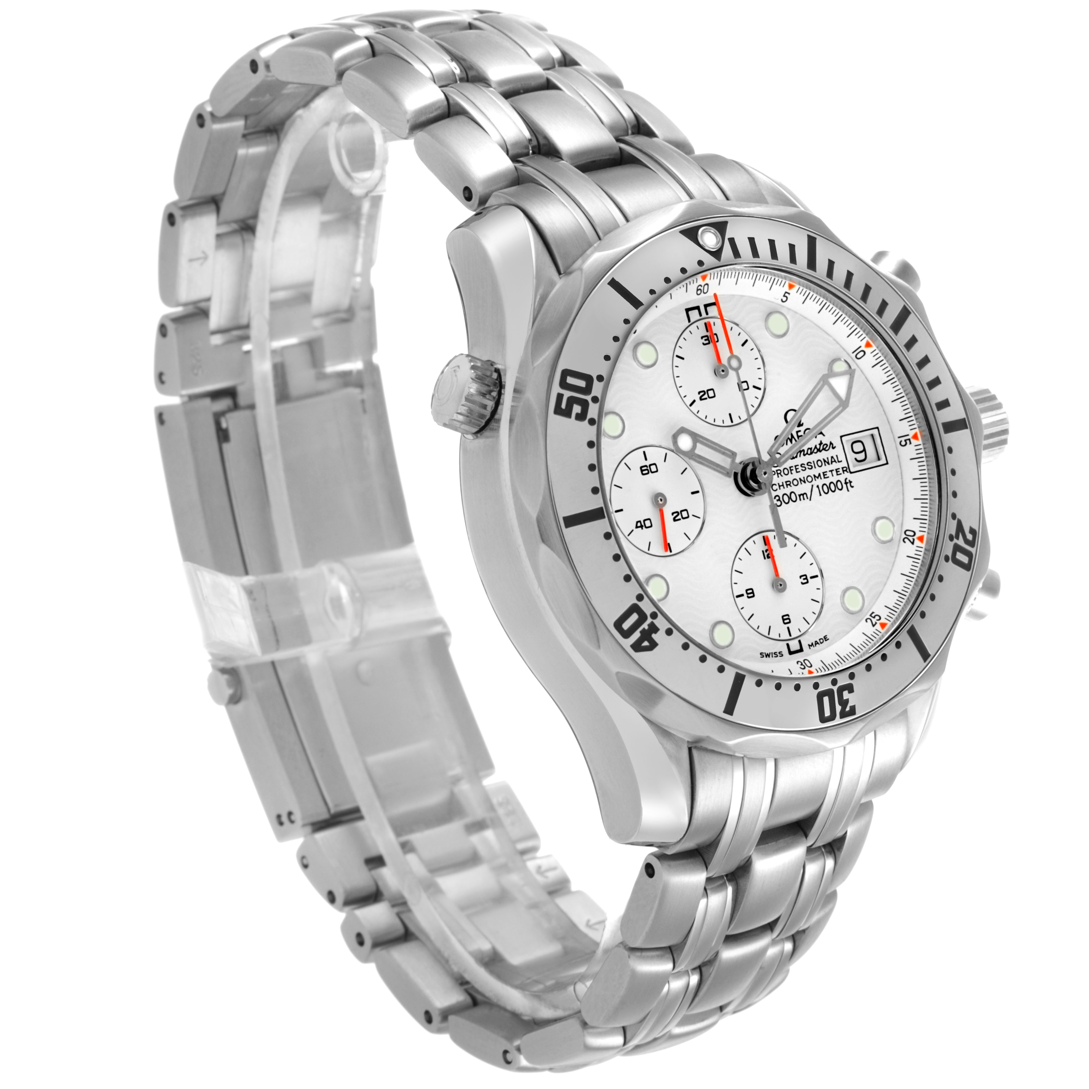 The Omega Seamaster 2598.20.00 Men's Stainless Steel White Dial watch is shown at a three-quarter angle highlighting the face, bezel, bracelet, and side crown.