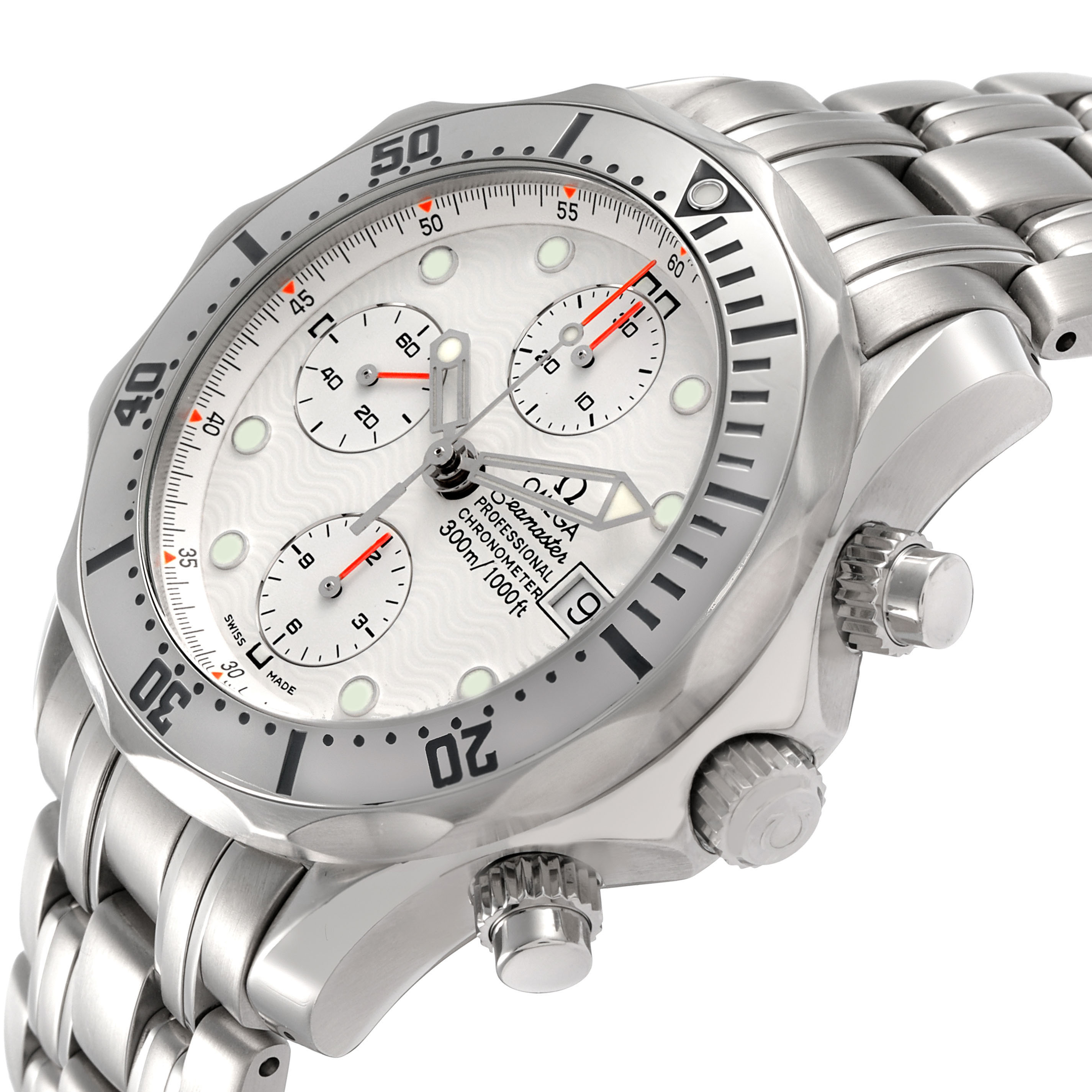 The Omega Seamaster 2598.20.00 Men's Stainless Steel White Dial watch is shown from an angle highlighting the face, bezel, and metal bracelet.