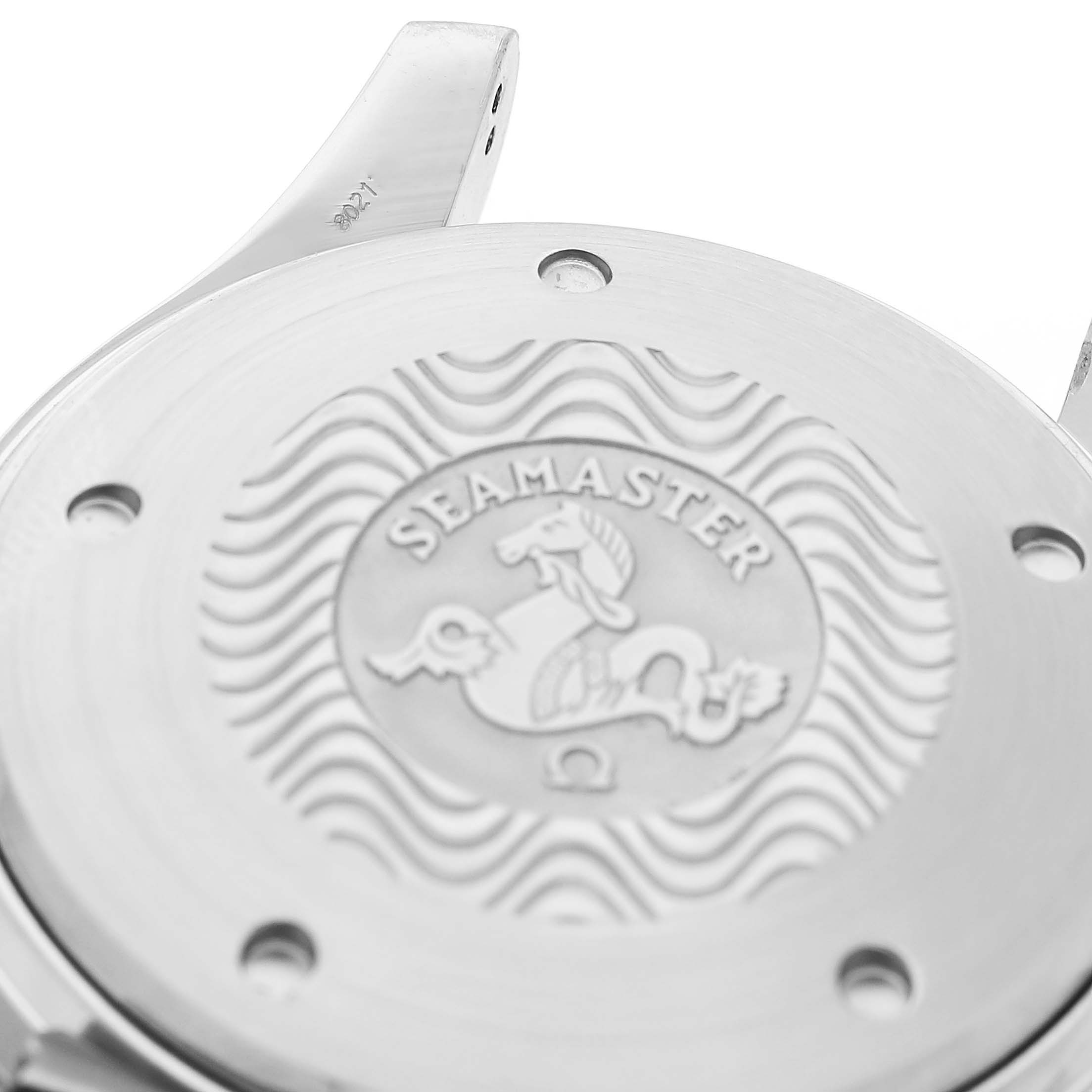 The image shows the back case of an Omega Seamaster 2598.20.00 Men's Stainless Steel White Dial watch, featuring the logo and wave pattern.