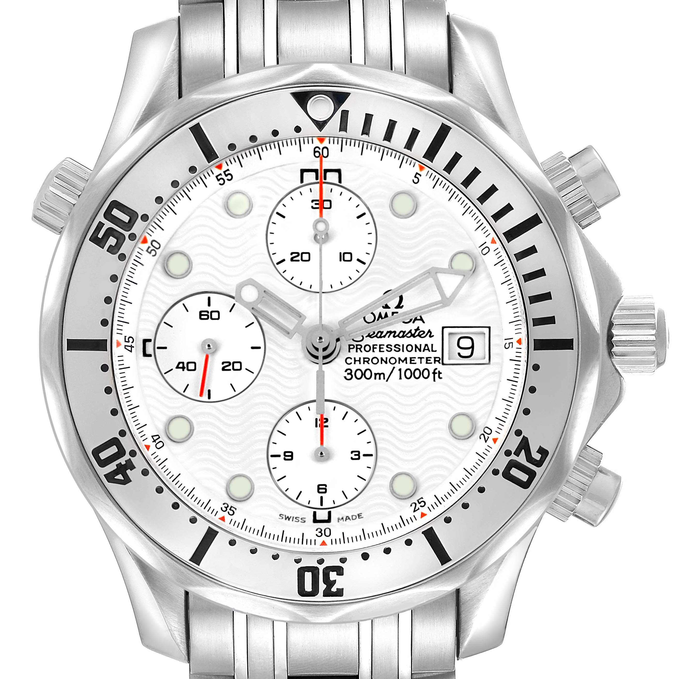 The image shows a front view of the Omega Seamaster 2598.20.00 Men's Stainless Steel White Dial watch, highlighting its face, hands, subdials, and bezel.