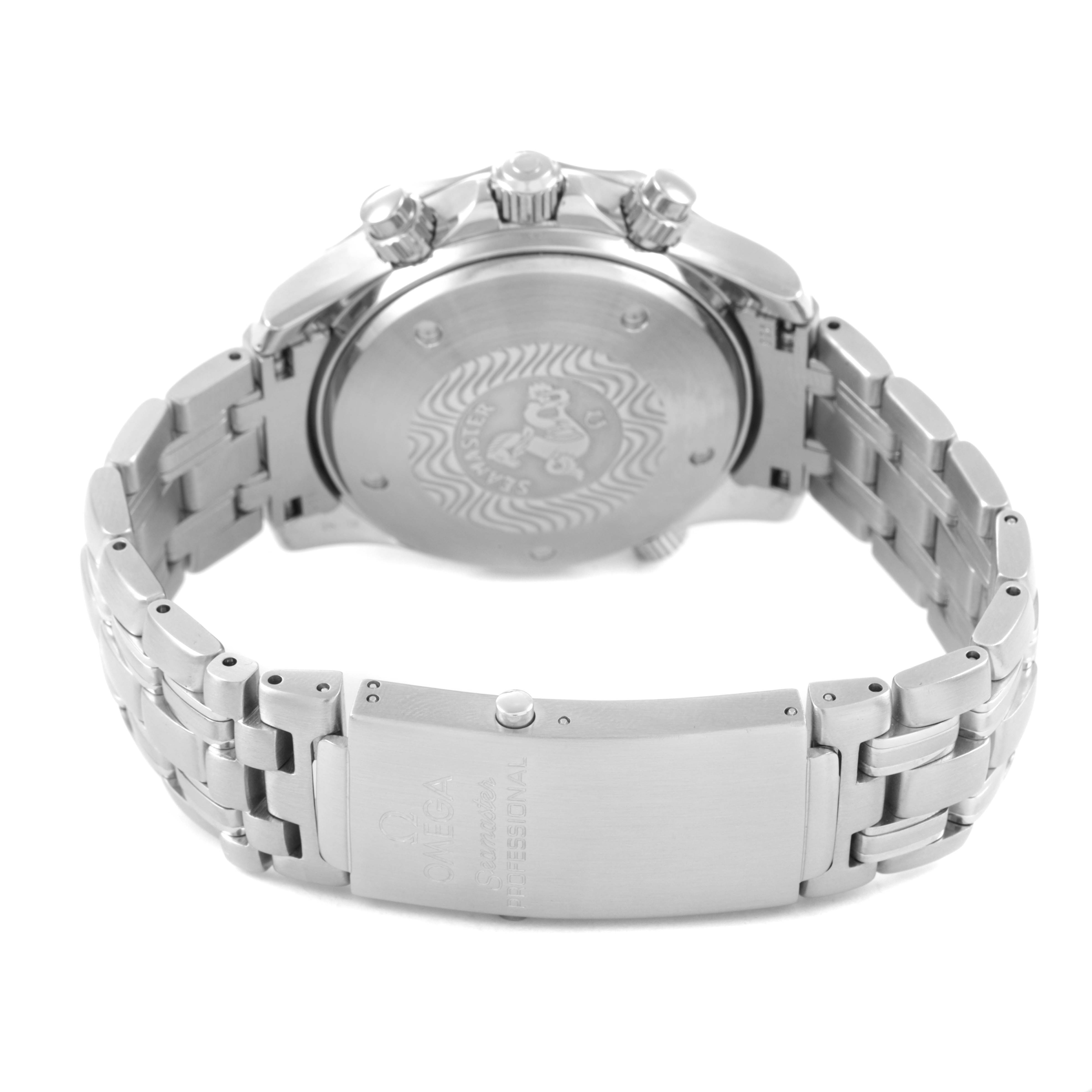 The Omega Seamaster 2598.20.00 Men's Stainless Steel White Dial watch is shown from a back angle, highlighting the case back, bracelet, and clasp.